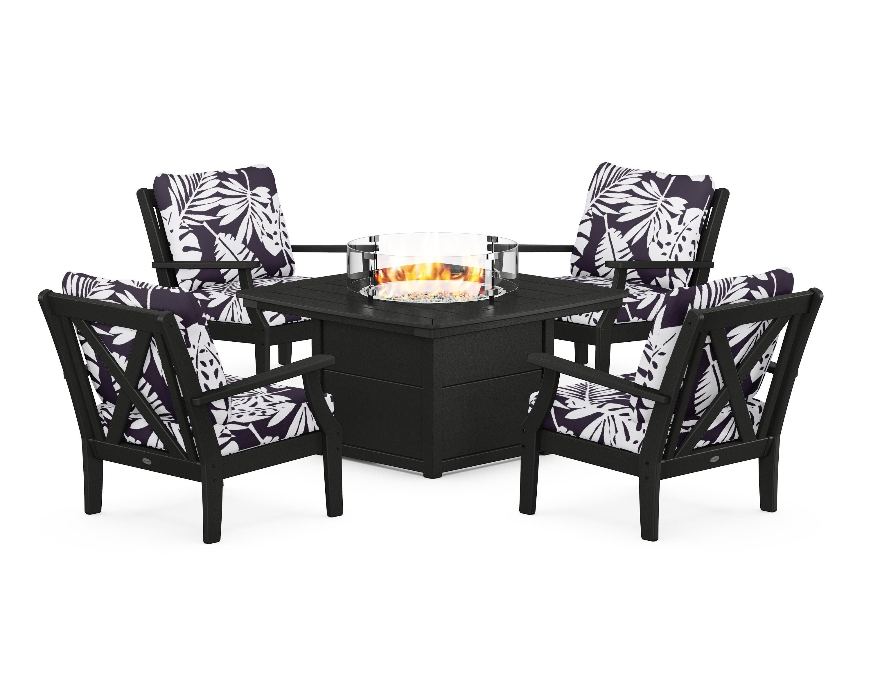 POLYWOOD® Braxton 5-Piece Deep Seating Conversation Set with Fire Pit Table in Black / Leaf Navy
