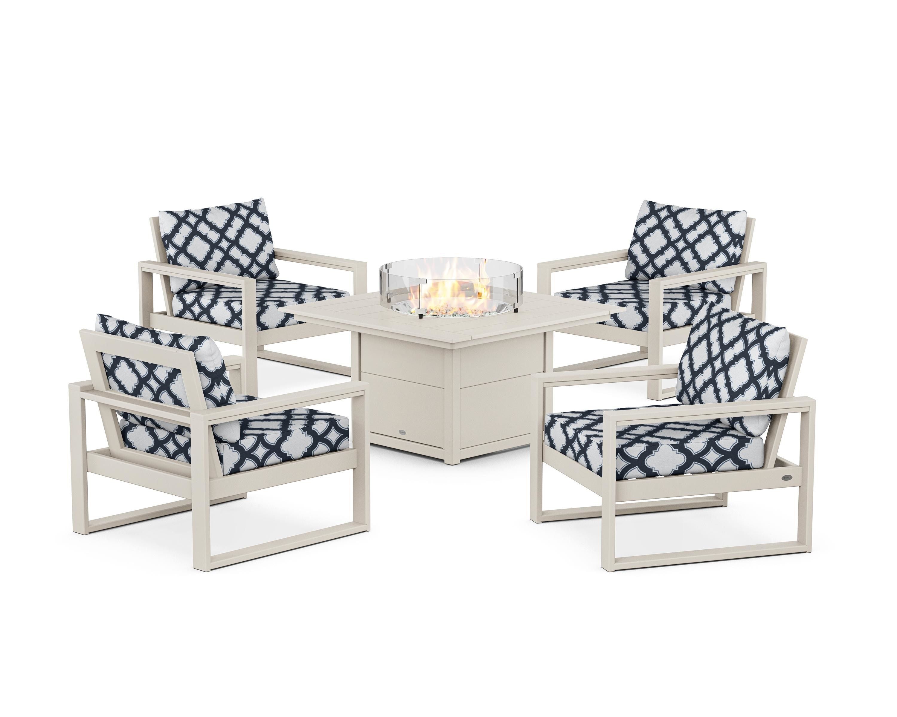 POLYWOOD® EDGE Sectional 5-Piece Deep Seating Set with Fire Pit Table in Sand / Trellis Marine Indigo