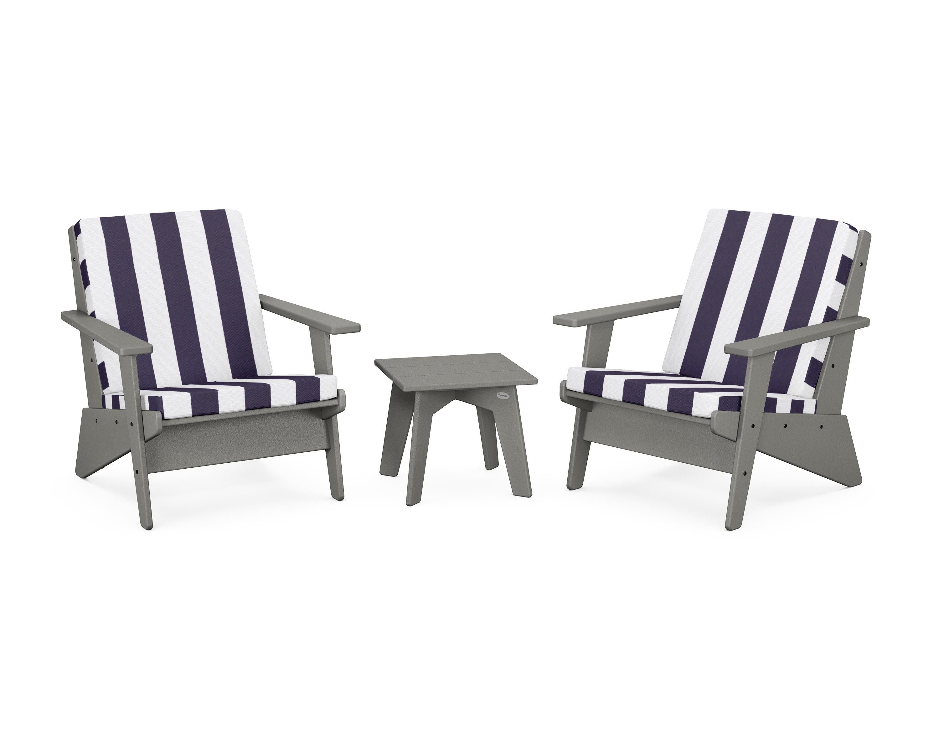 POLYWOOD® Riviera Modern Lounge 3-Piece Set in Slate Grey / Cabana Stripe Navy