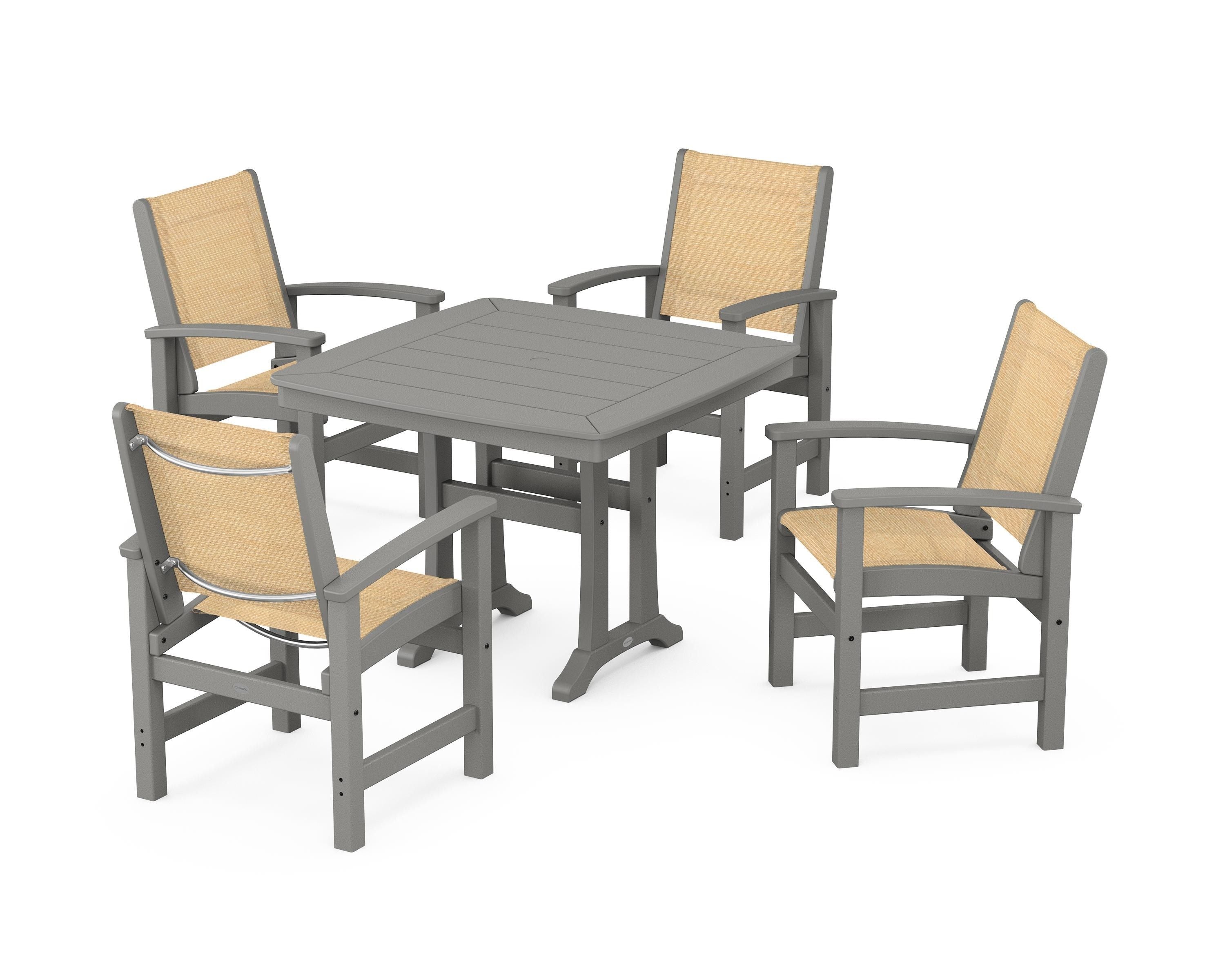 POLYWOOD® Coastal 5-Piece Dining Set with Trestle Legs in Slate Grey / Dupioni Apricot Sling