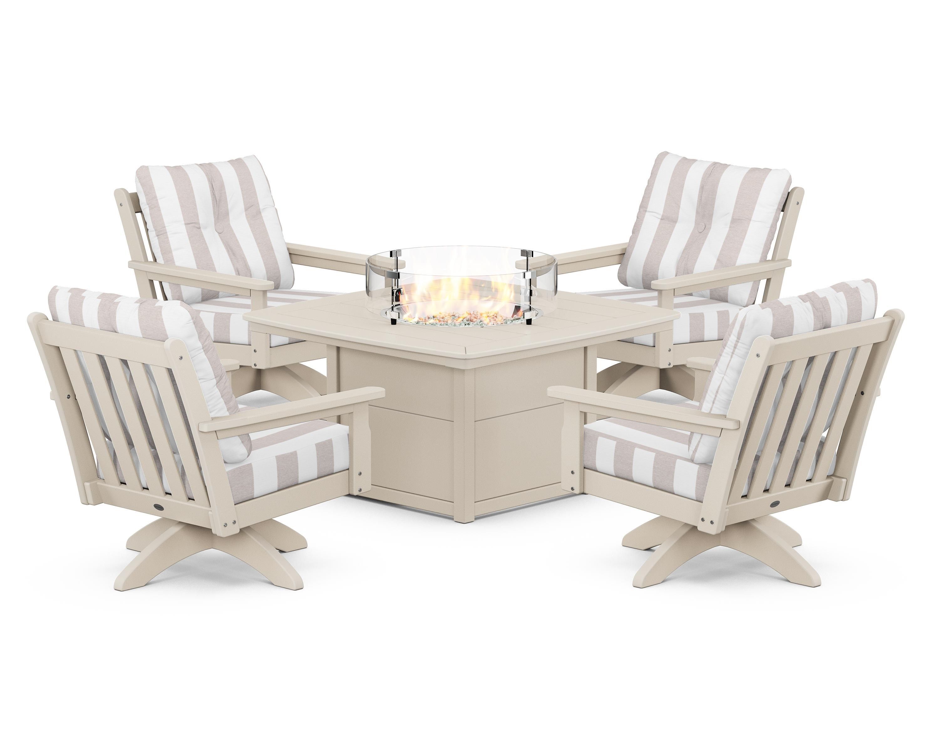 POLYWOOD® Vineyard 5-Piece Deep Seating Swivel Conversation Set with Fire Pit Table in Sand / Cabana Stripe Dune Burlap