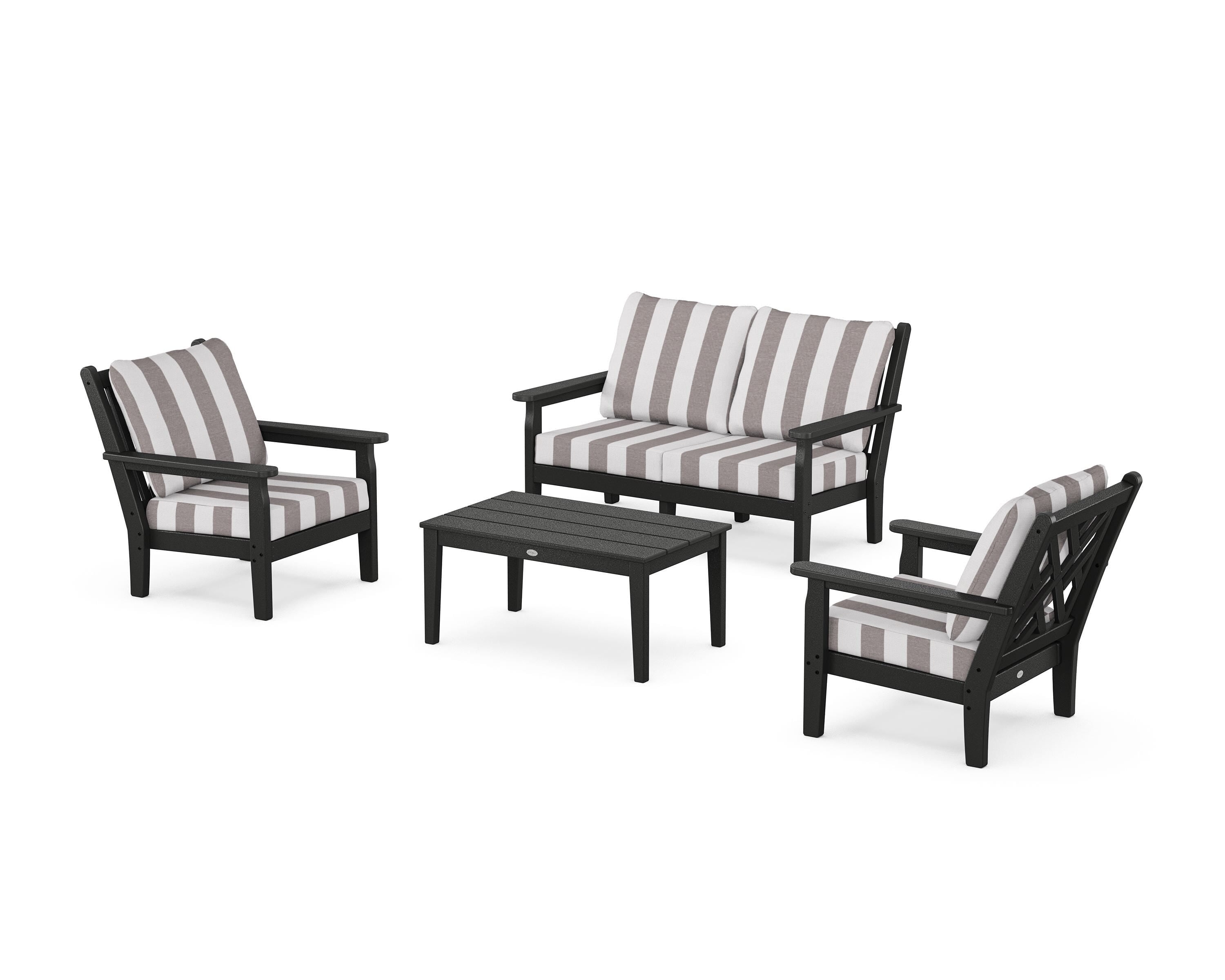 POLYWOOD® Chippendale 4-Piece Deep Seating Set with Loveseat in Black / Cabana Stripe Grey Mist