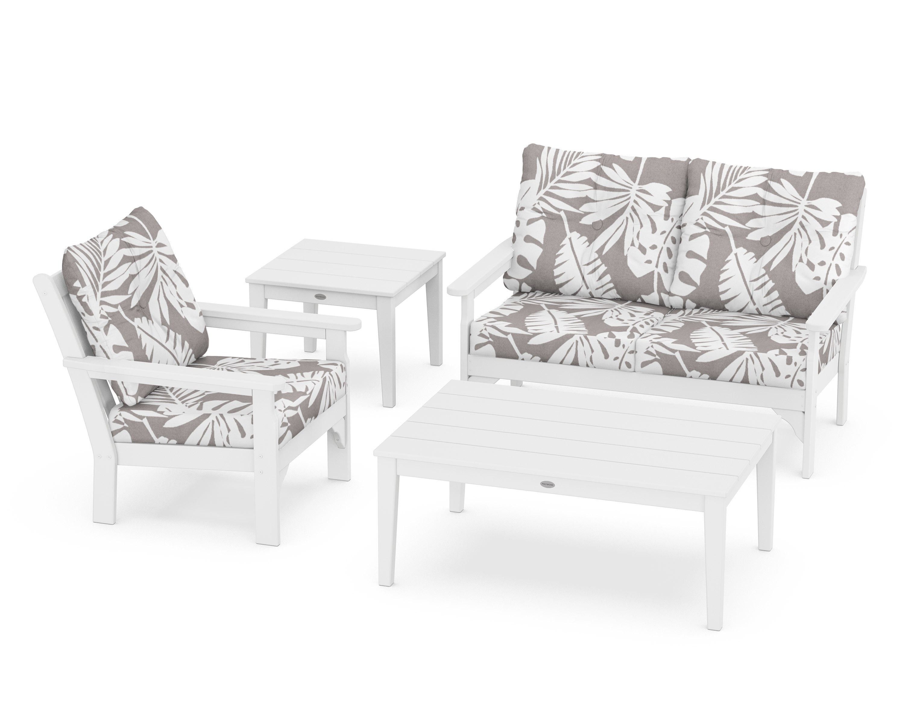 POLYWOOD® Vineyard 4-Piece Deep Seating Set in White / Leaf Grey Mist