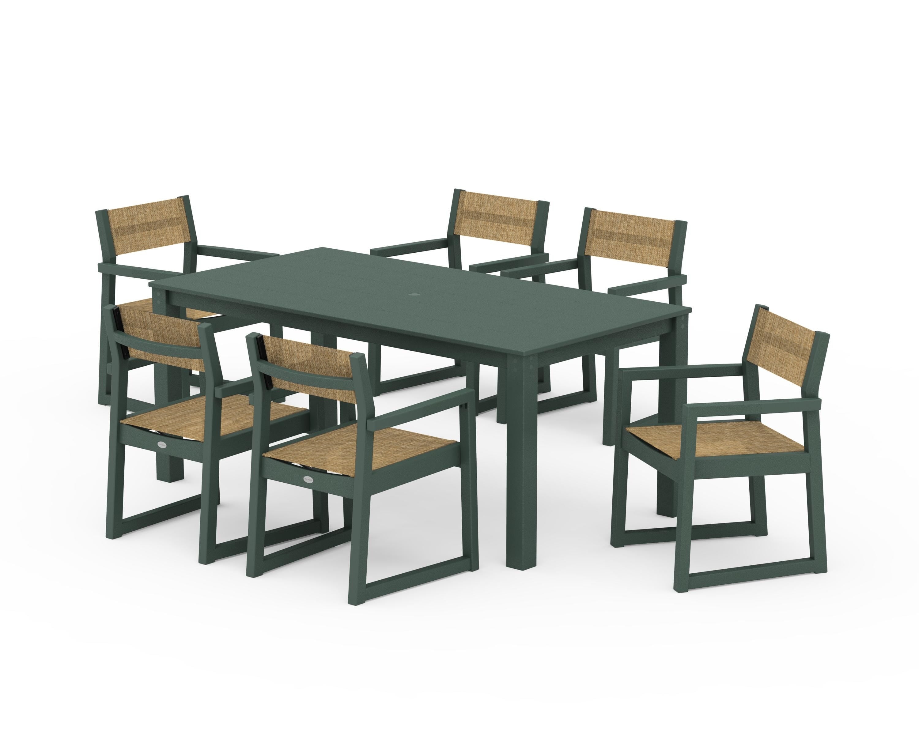 POLYWOOD® EDGE Sling Arm Chair 7-Piece Parsons Dining Set in Green / Burlap Sling