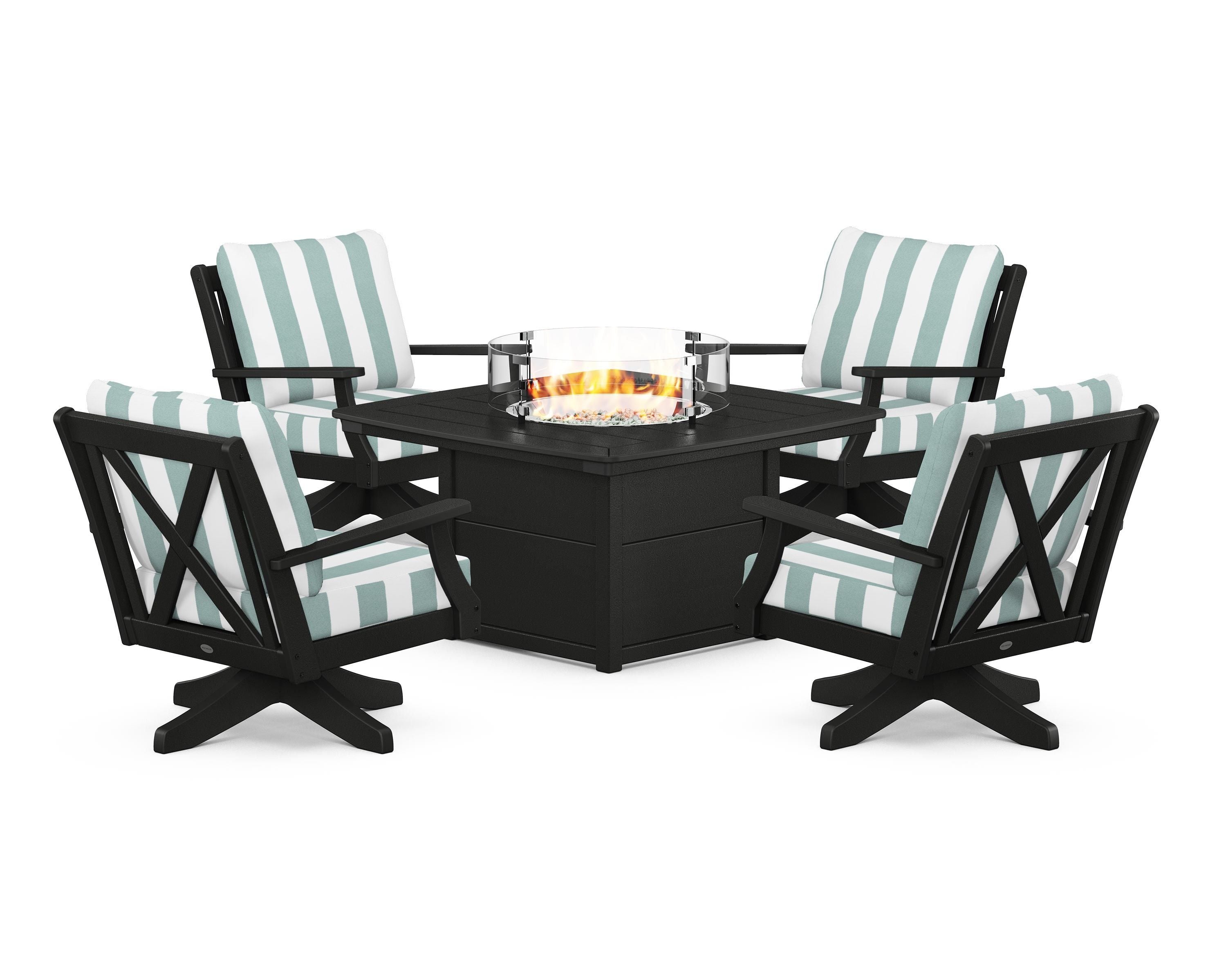 POLYWOOD® Braxton 5-Piece Deep Seating Swivel Conversation Set with Fire Pit Table in Black / Cabana Stripe Glacier Spa