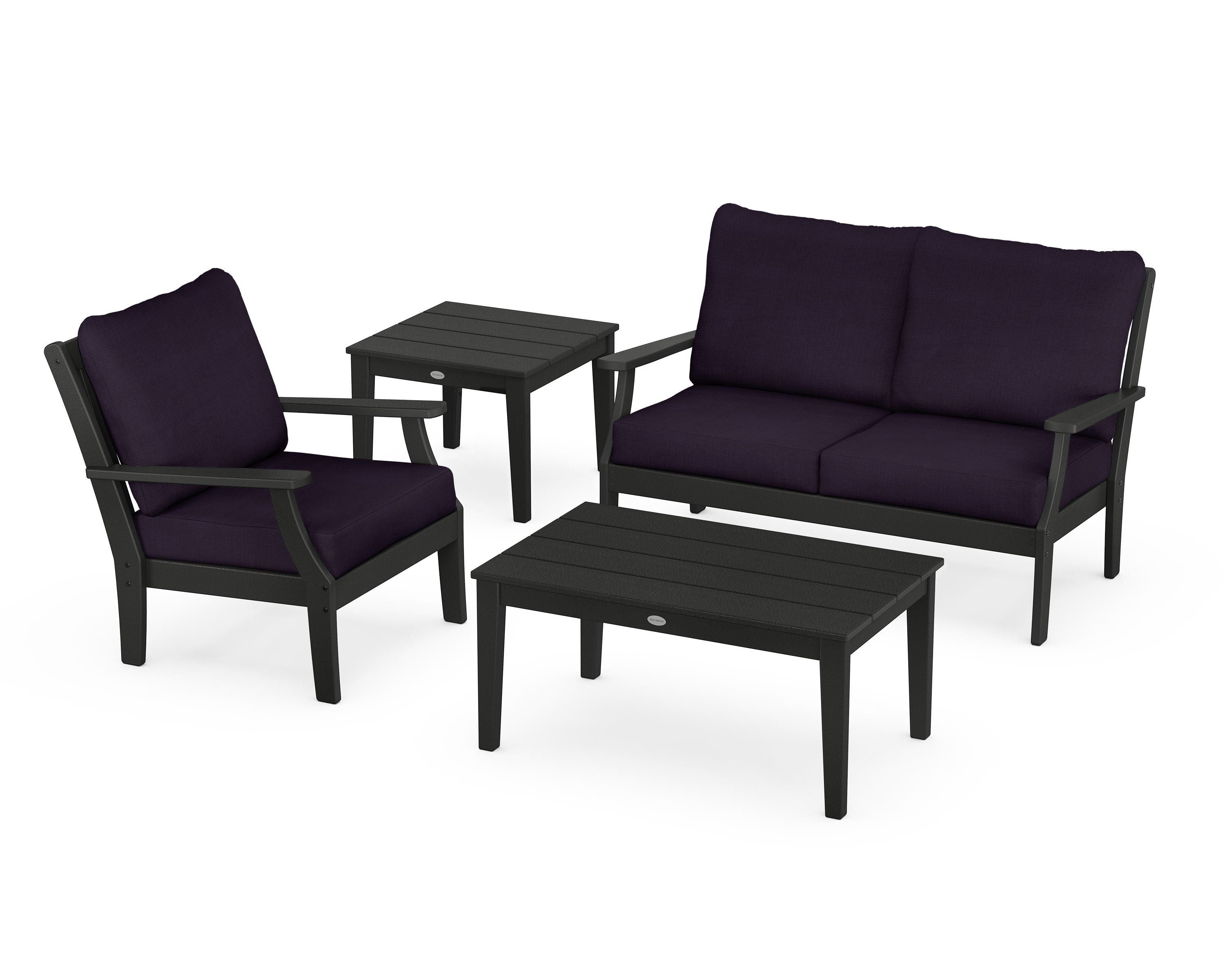 POLYWOOD® Braxton 4-Piece Deep Seating Set in Black / Navy Linen
