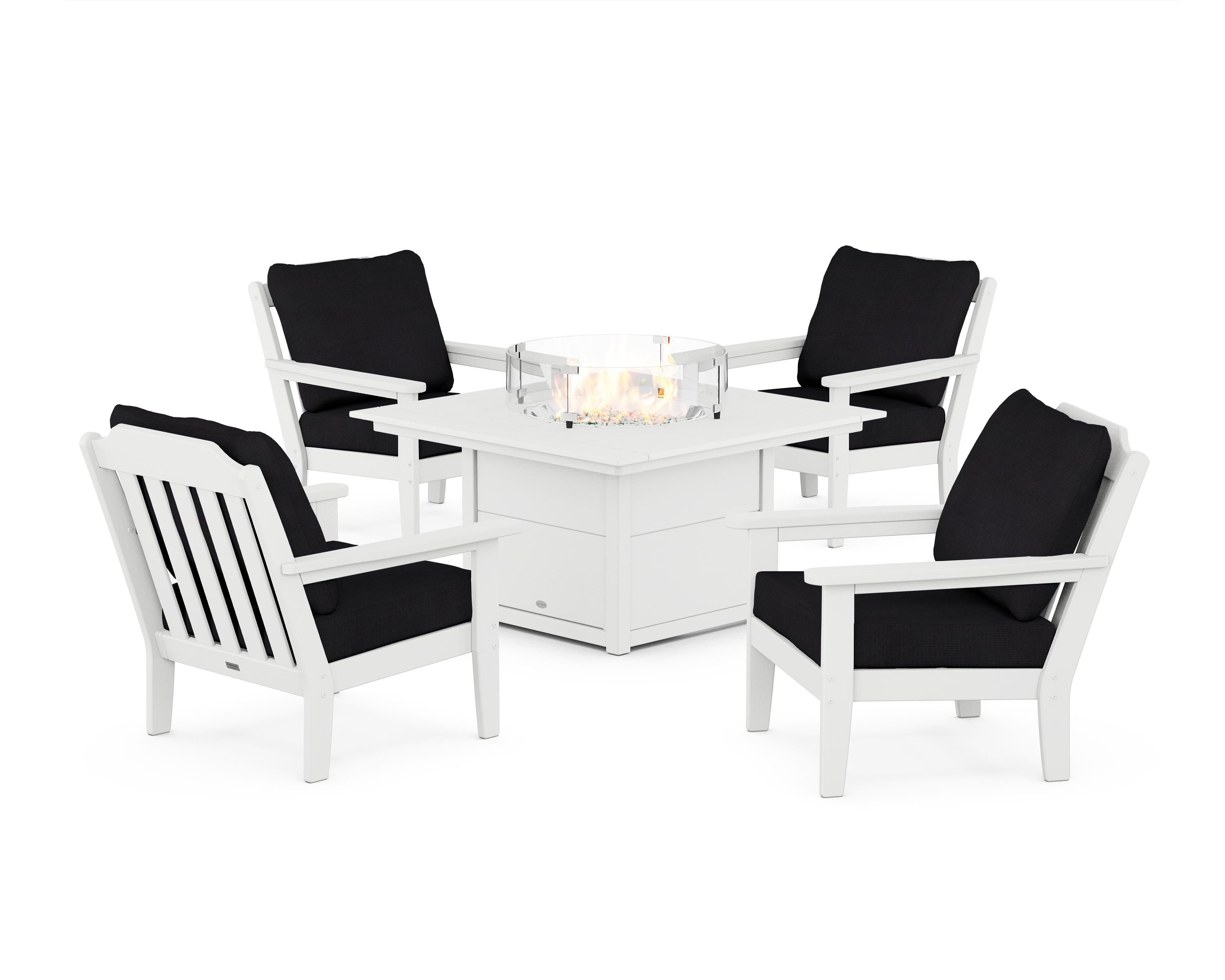 Country Living Cottage 5-Piece Deep Seating Set with Fire Pit Table in White / Midnight Linen