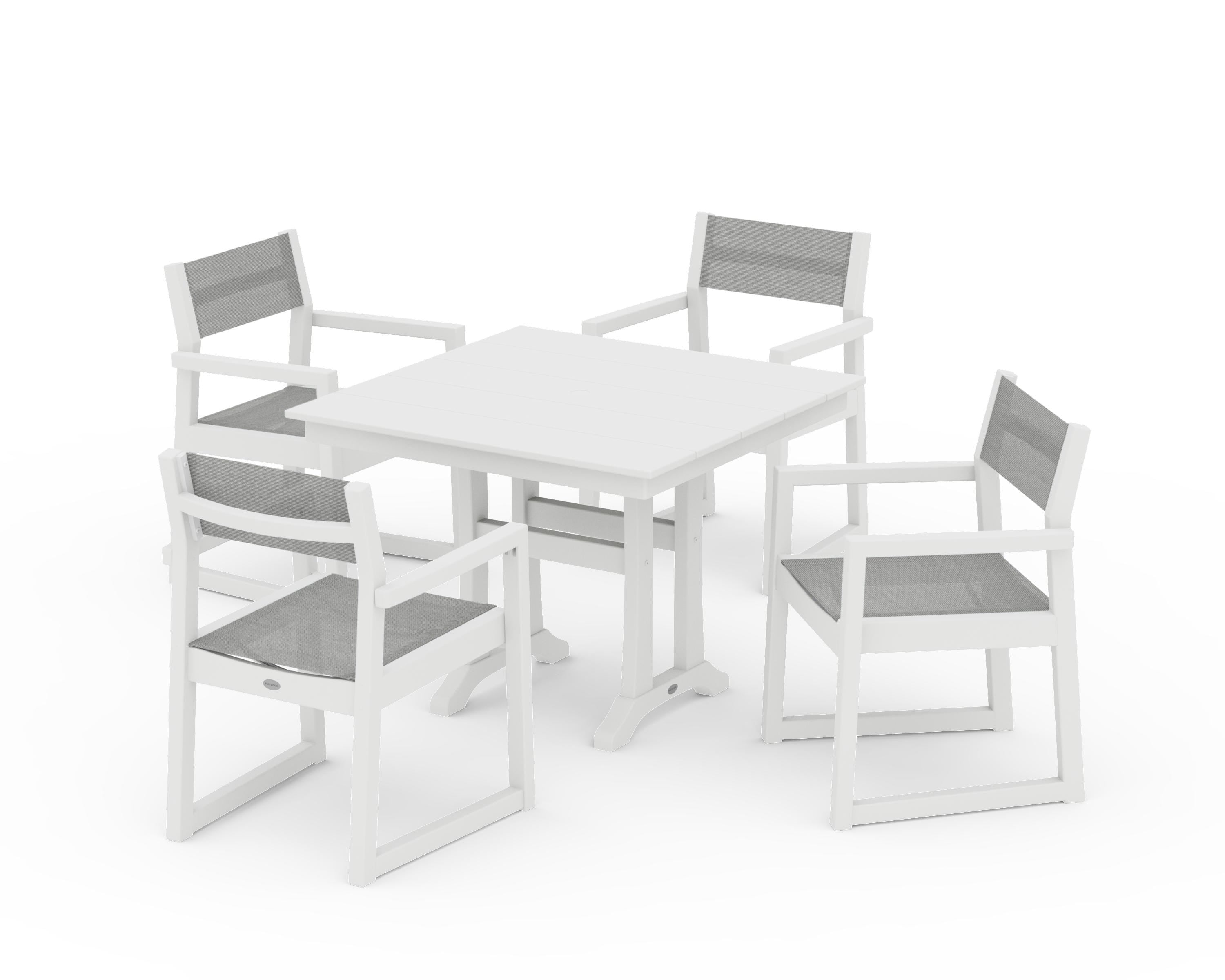 POLYWOOD® EDGE Sling 5-Piece Farmhouse Dining Set with Trestle Legs in White / Metallic Sling