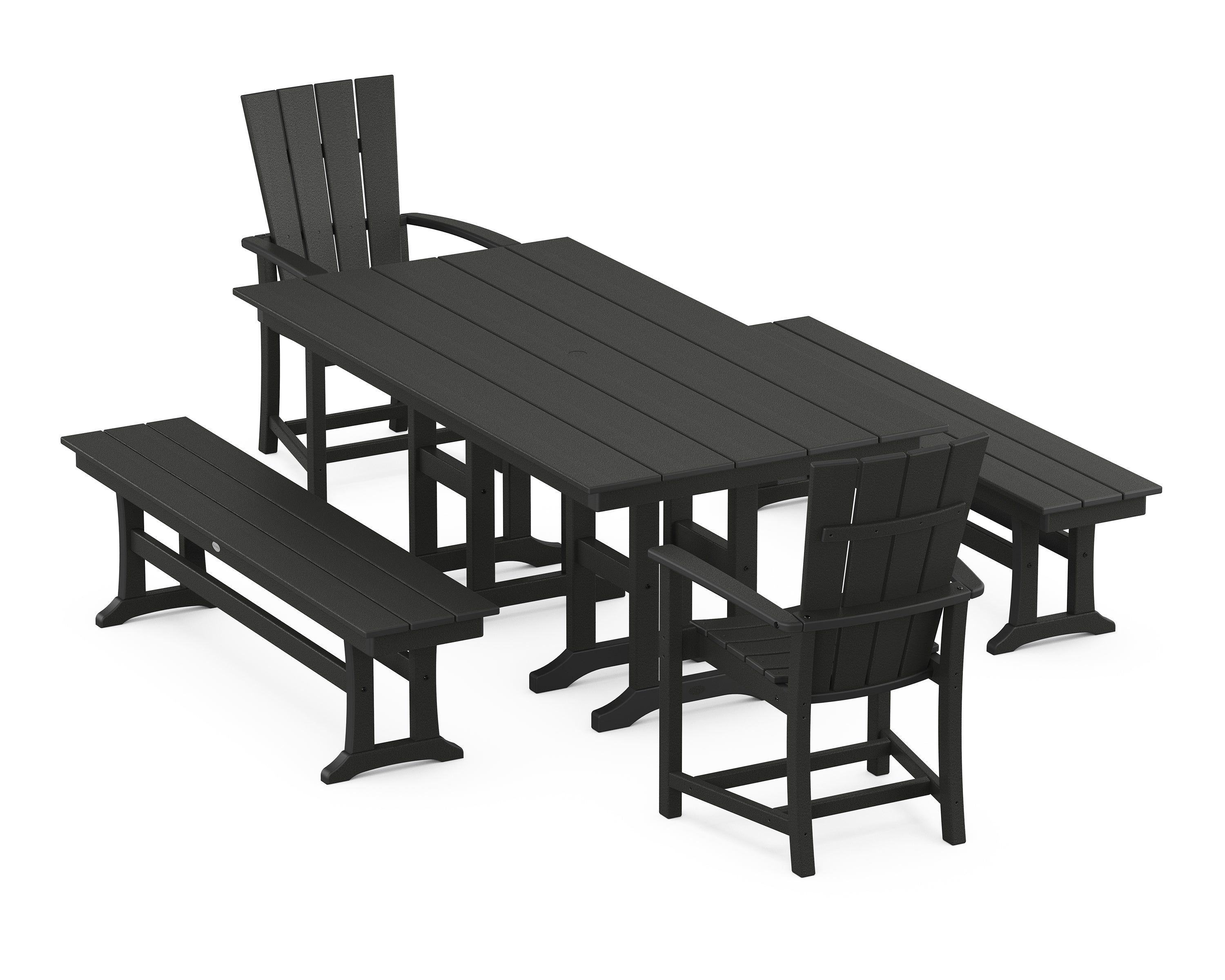 POLYWOOD® Quattro 5-Piece Farmhouse Dining Set with Benches in Black