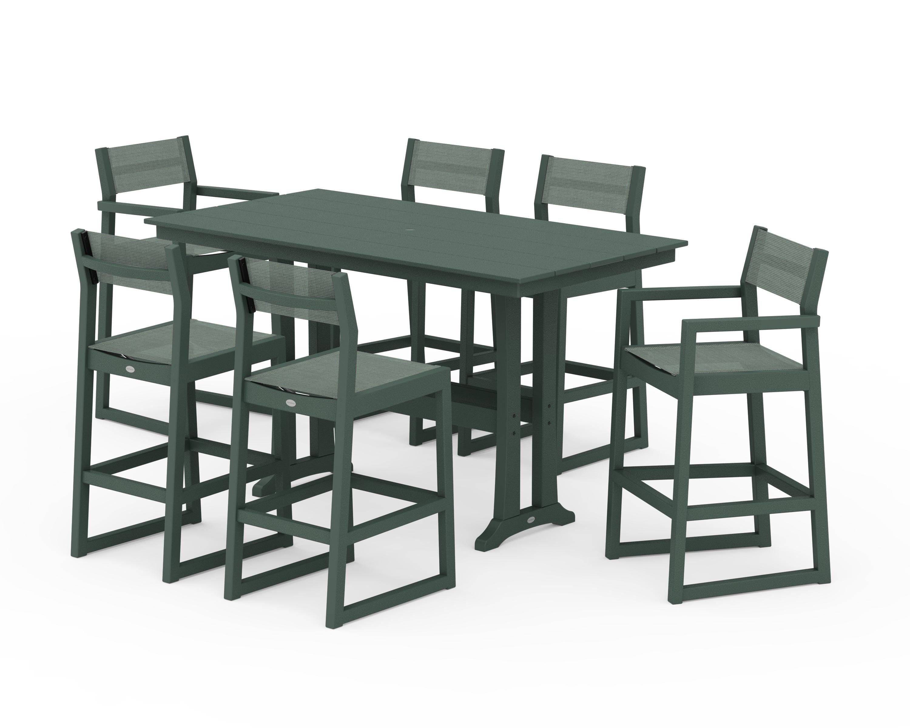 POLYWOOD® EDGE Sling 7-Piece Farmhouse Bar Set with Trestle Legs in Green / Dupioni Sea Mist Sling