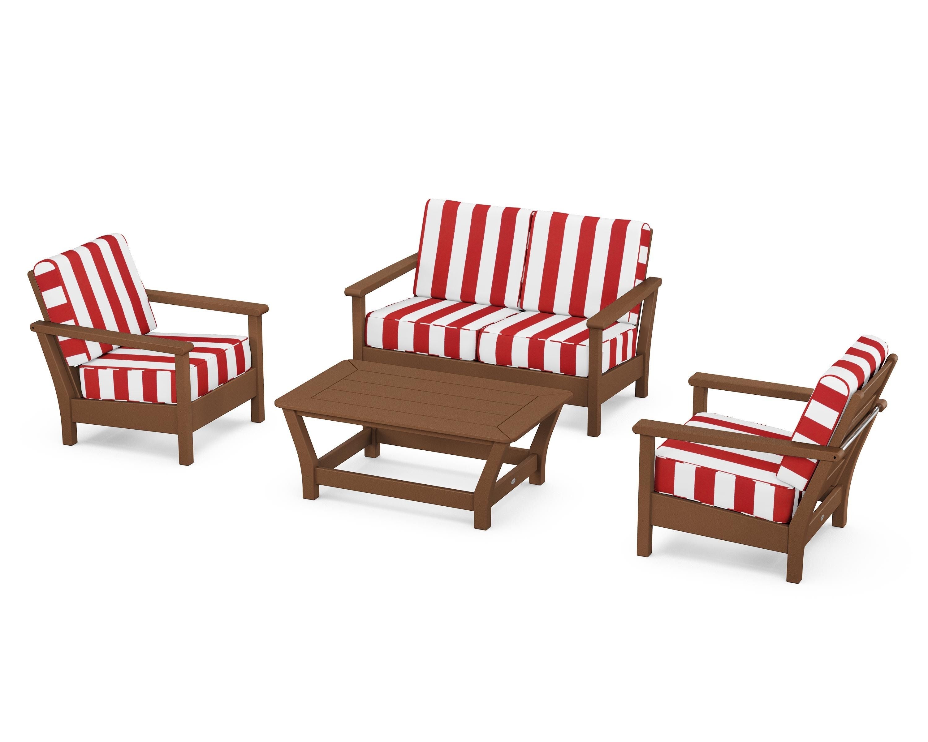 POLYWOOD® Harbour 4-Piece Deep Seating Set in Teak / Cabana Stripe Crimson