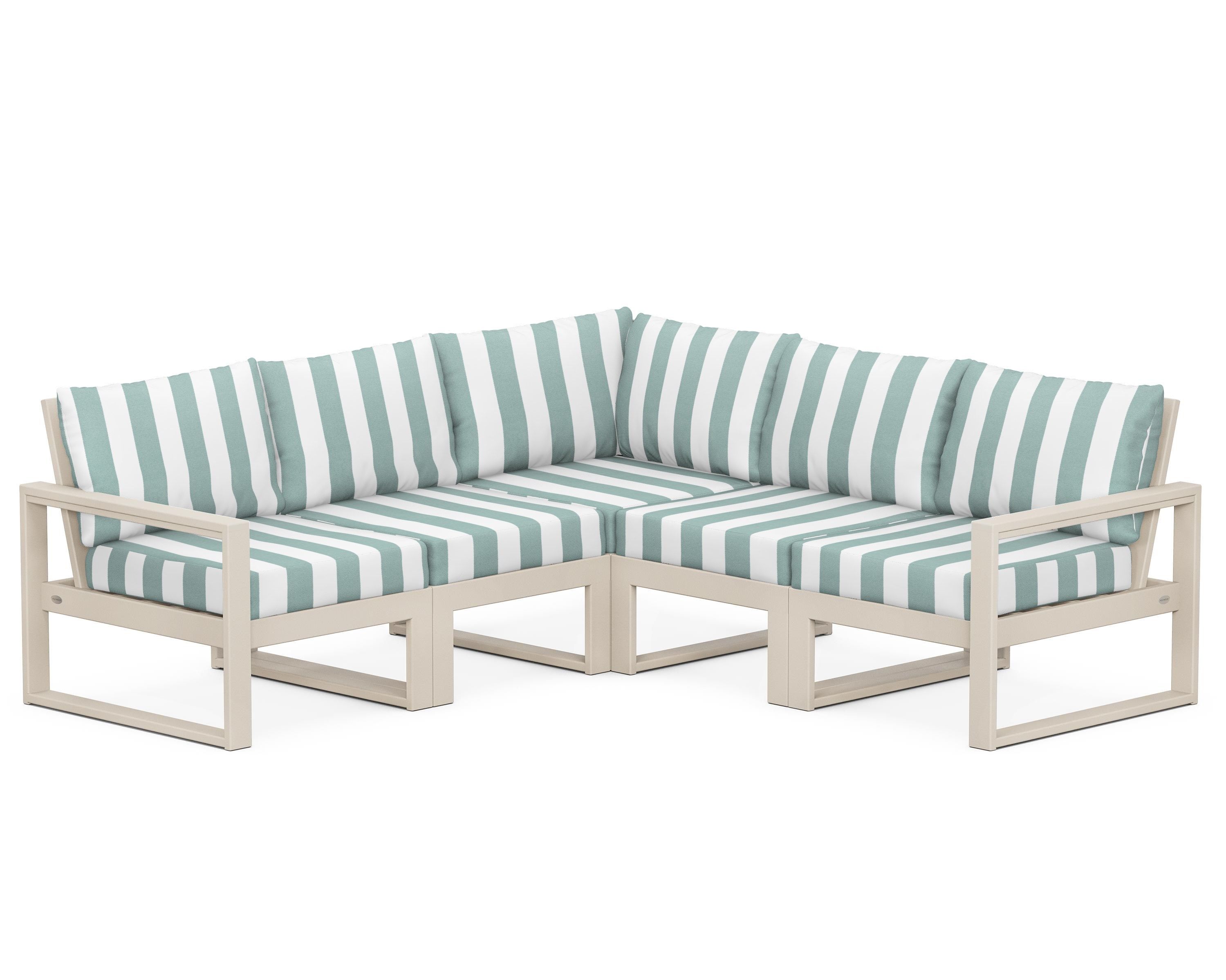 POLYWOOD® EDGE 5-Piece Modular Deep Seating Set in Sand / Cabana Stripe Glacier Spa