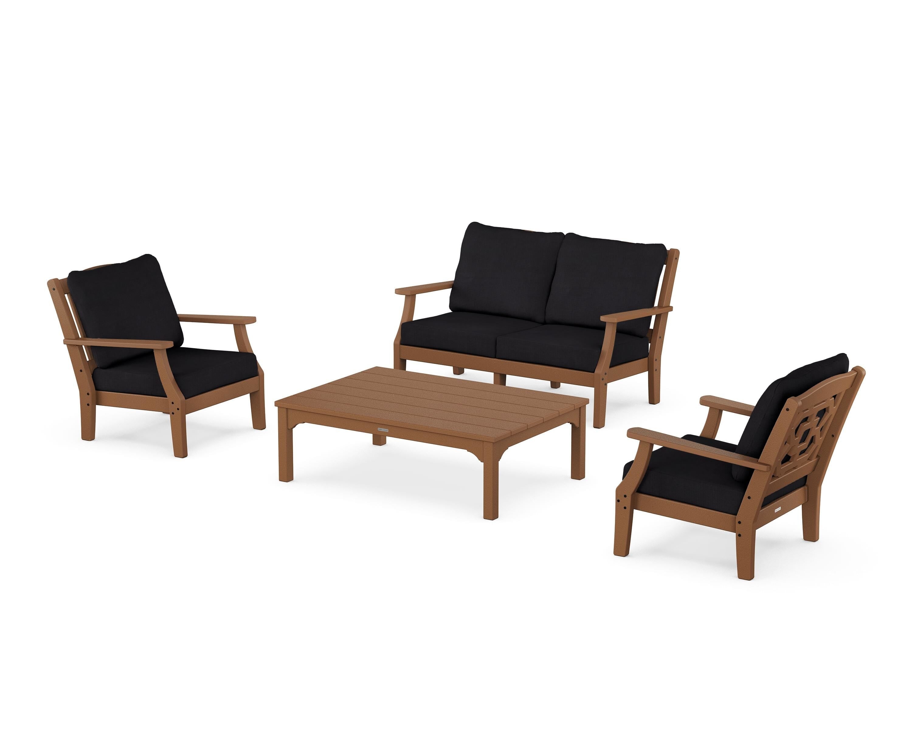Martha Stewart by POLYWOOD® Chinoiserie 4-Piece Deep Seating Set with Loveseat in Teak / Midnight Linen