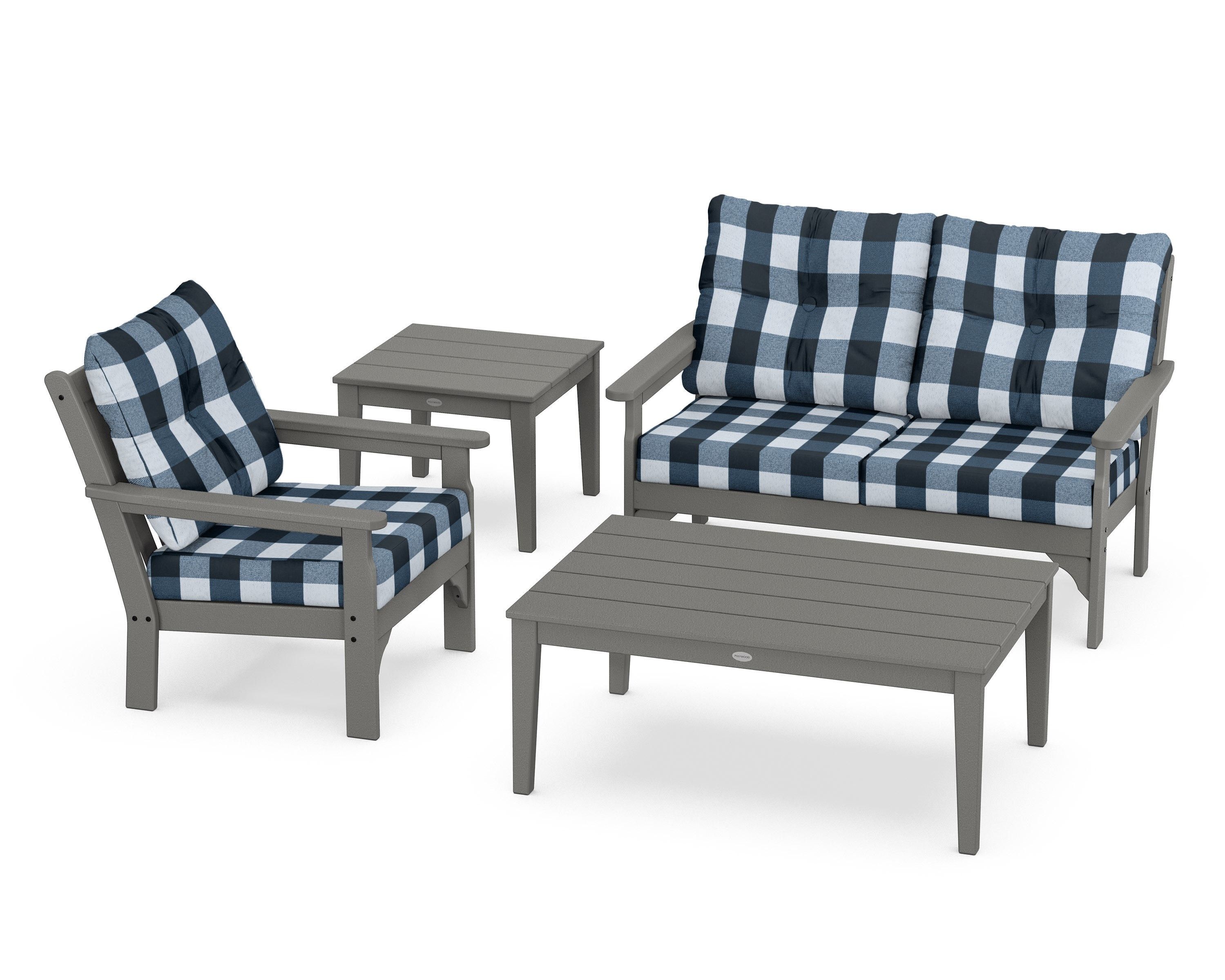 POLYWOOD® Vineyard 4-Piece Deep Seating Set in Slate Grey / Buffalo Plaid Marine Indigo