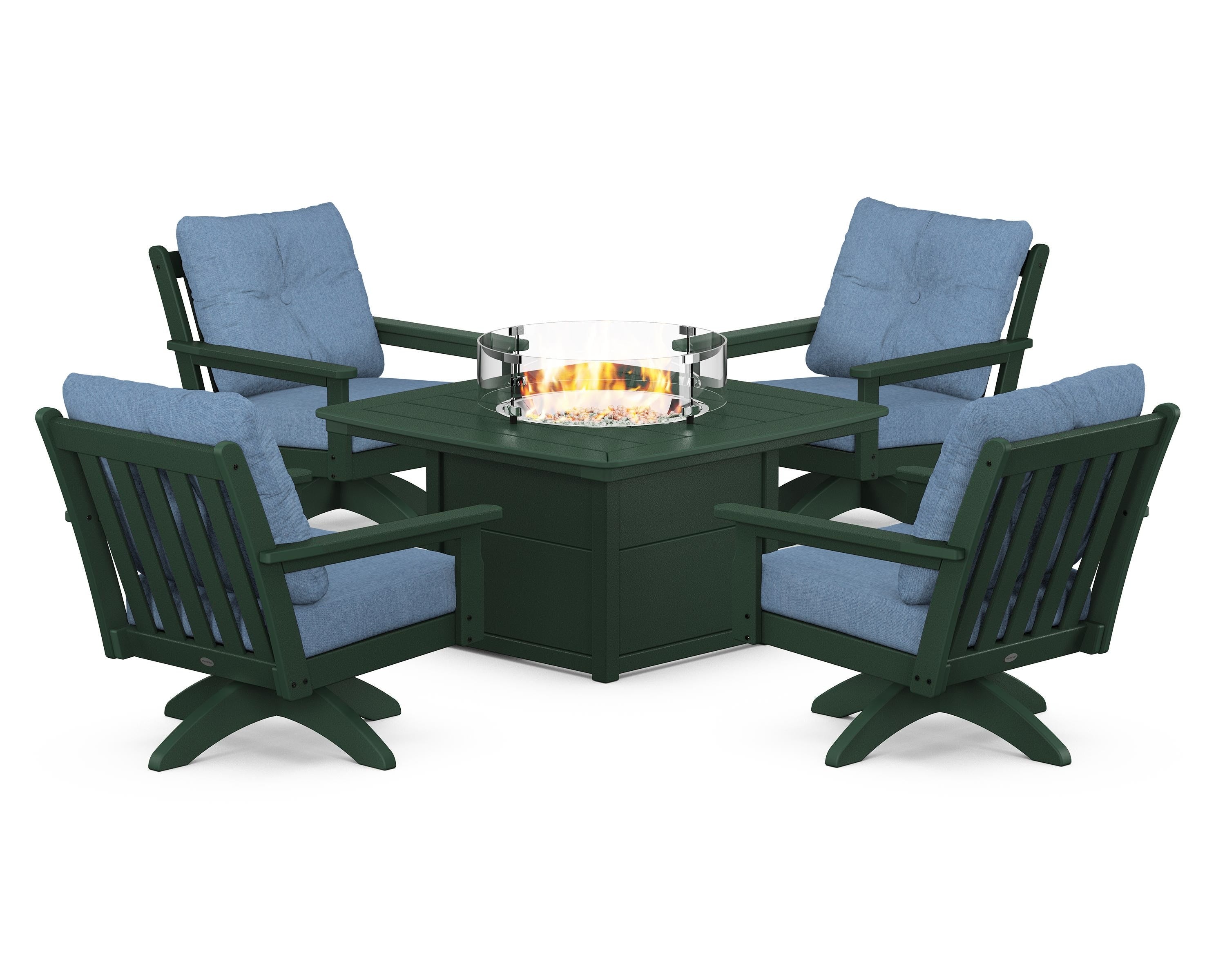 POLYWOOD® Vineyard 5-Piece Deep Seating Swivel Conversation Set with Fire Pit Table in Green / Sky Blue