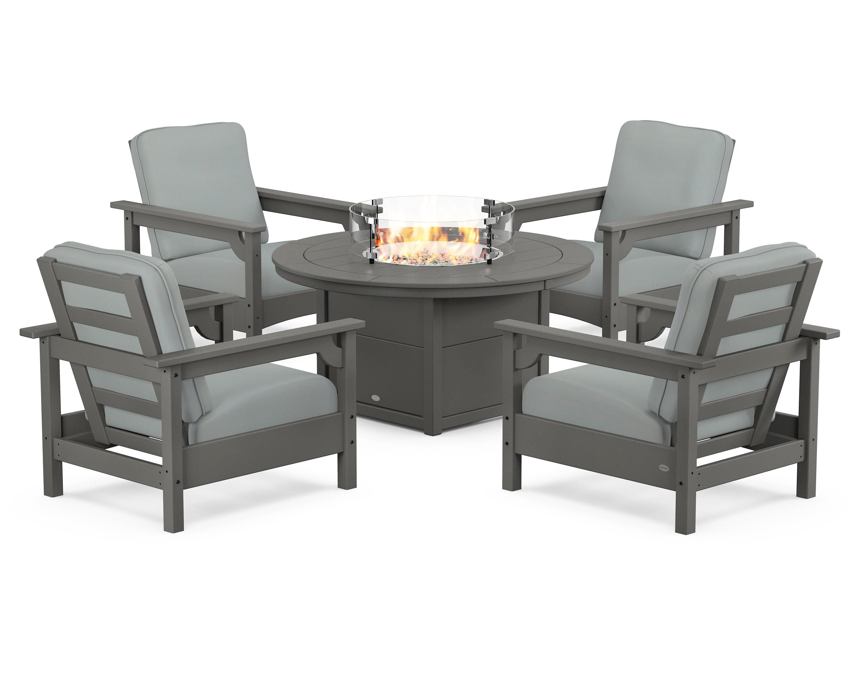 POLYWOOD® Club 5-Piece Conversation Set with Fire Pit Table in Slate Grey / Spa