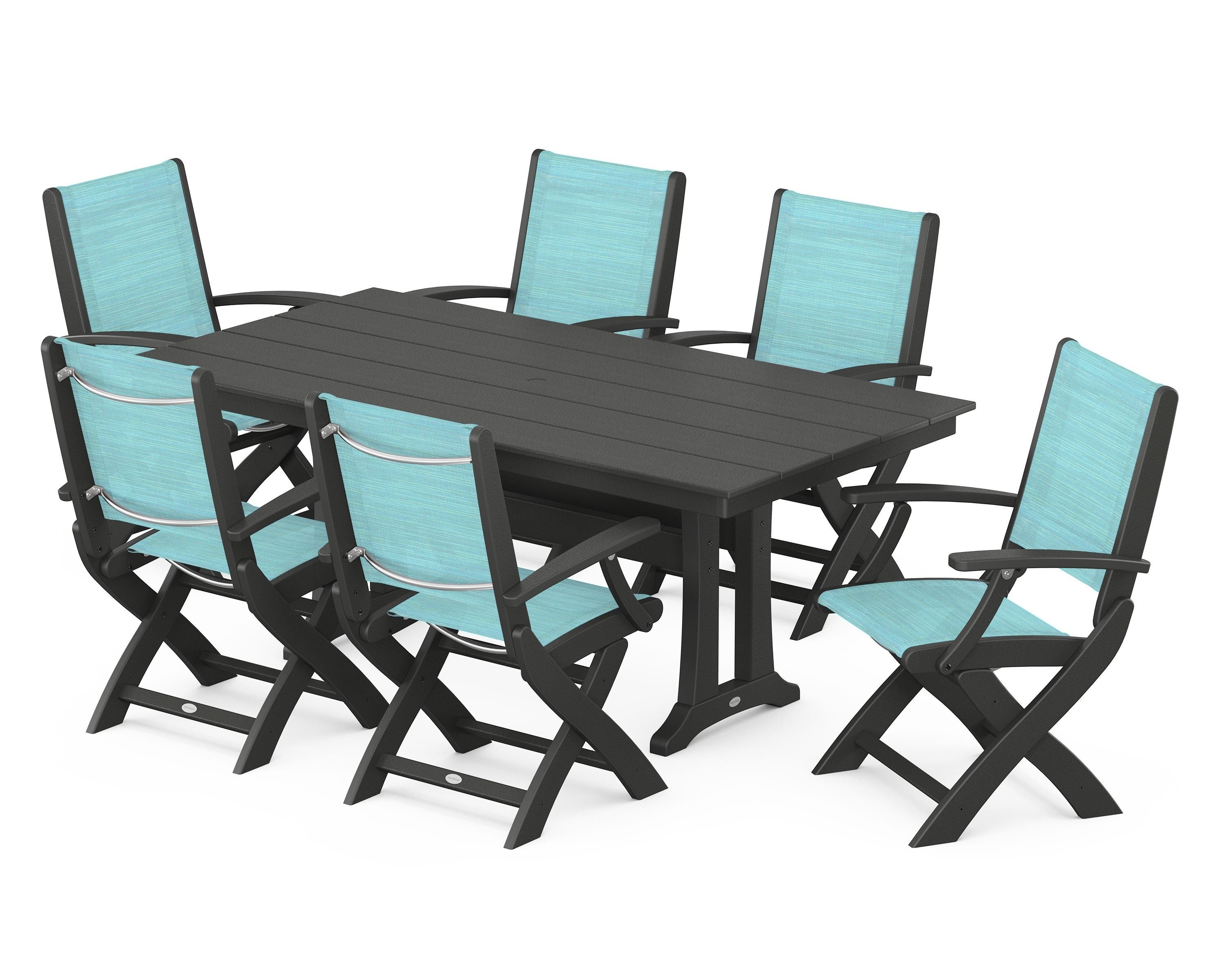 POLYWOOD® Coastal Folding Arm Chair 7-Piece Farmhouse Dining Set with Trestle Legs in Black / Dupioni Aquamarine Sling