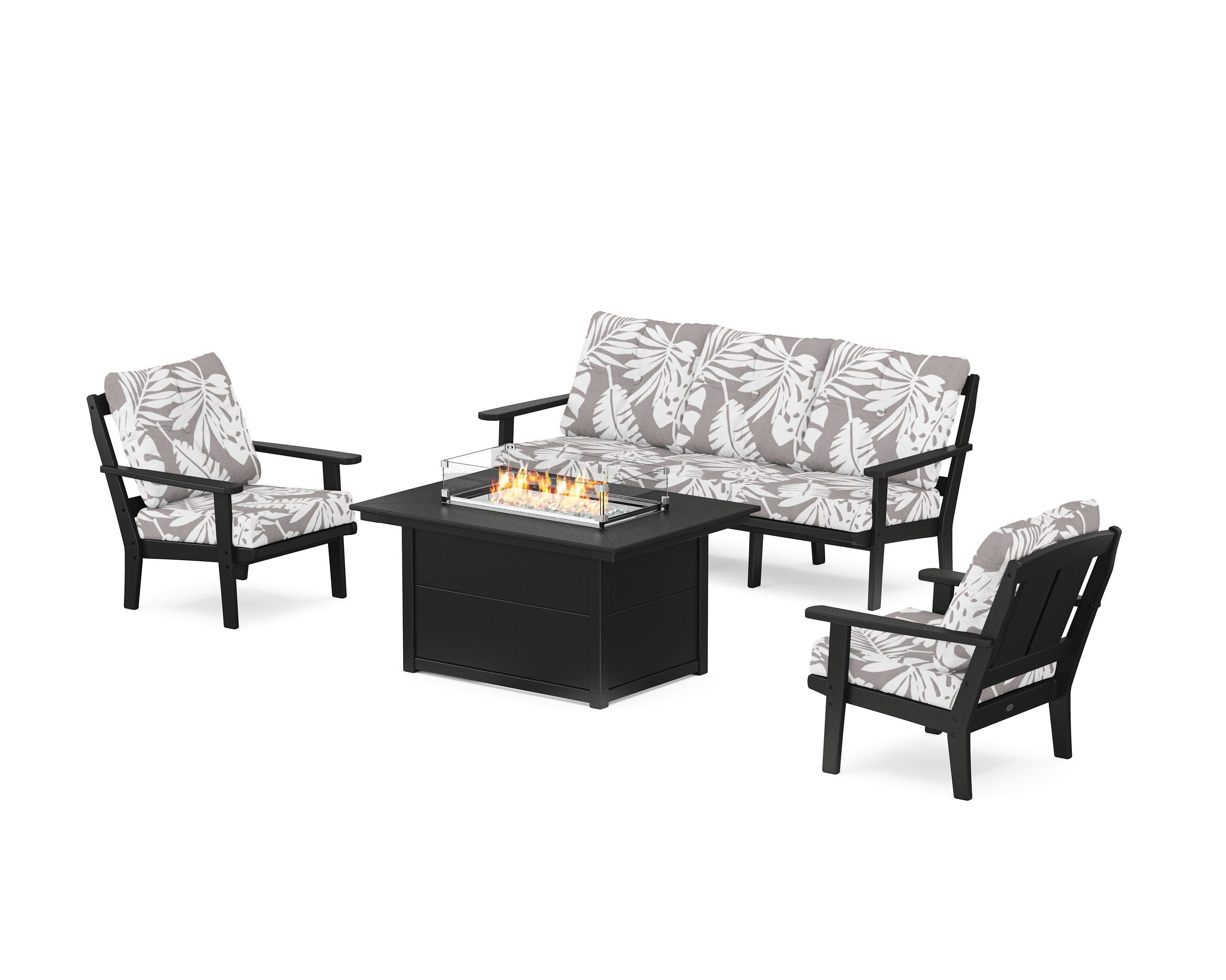 POLYWOOD® Mission Deep Seating Fire Pit Table Set in Black / Leaf Grey Mist