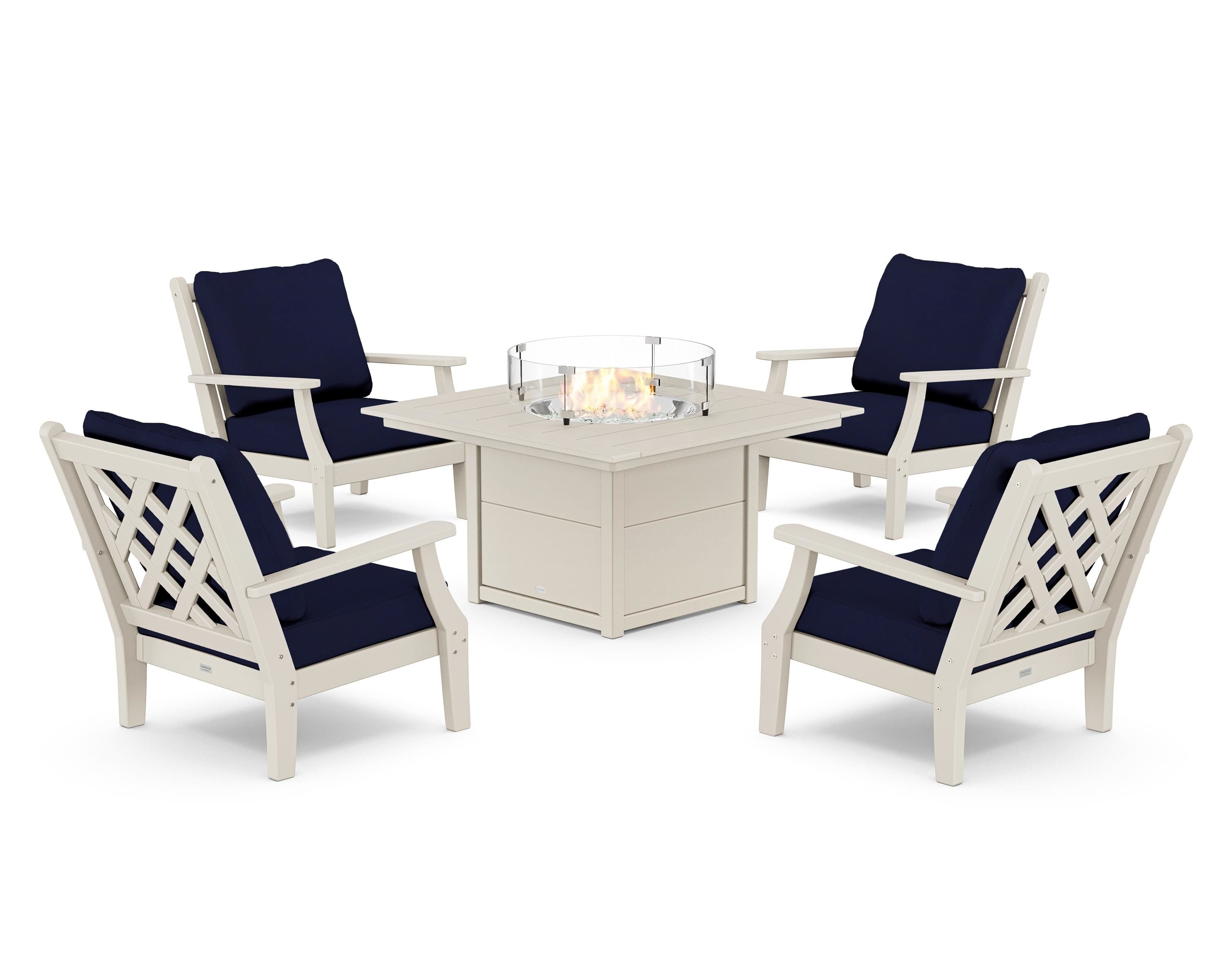 Country Living Wovendale 5-Piece Deep Seating Set with Fire Pit Table in Sand / Navy