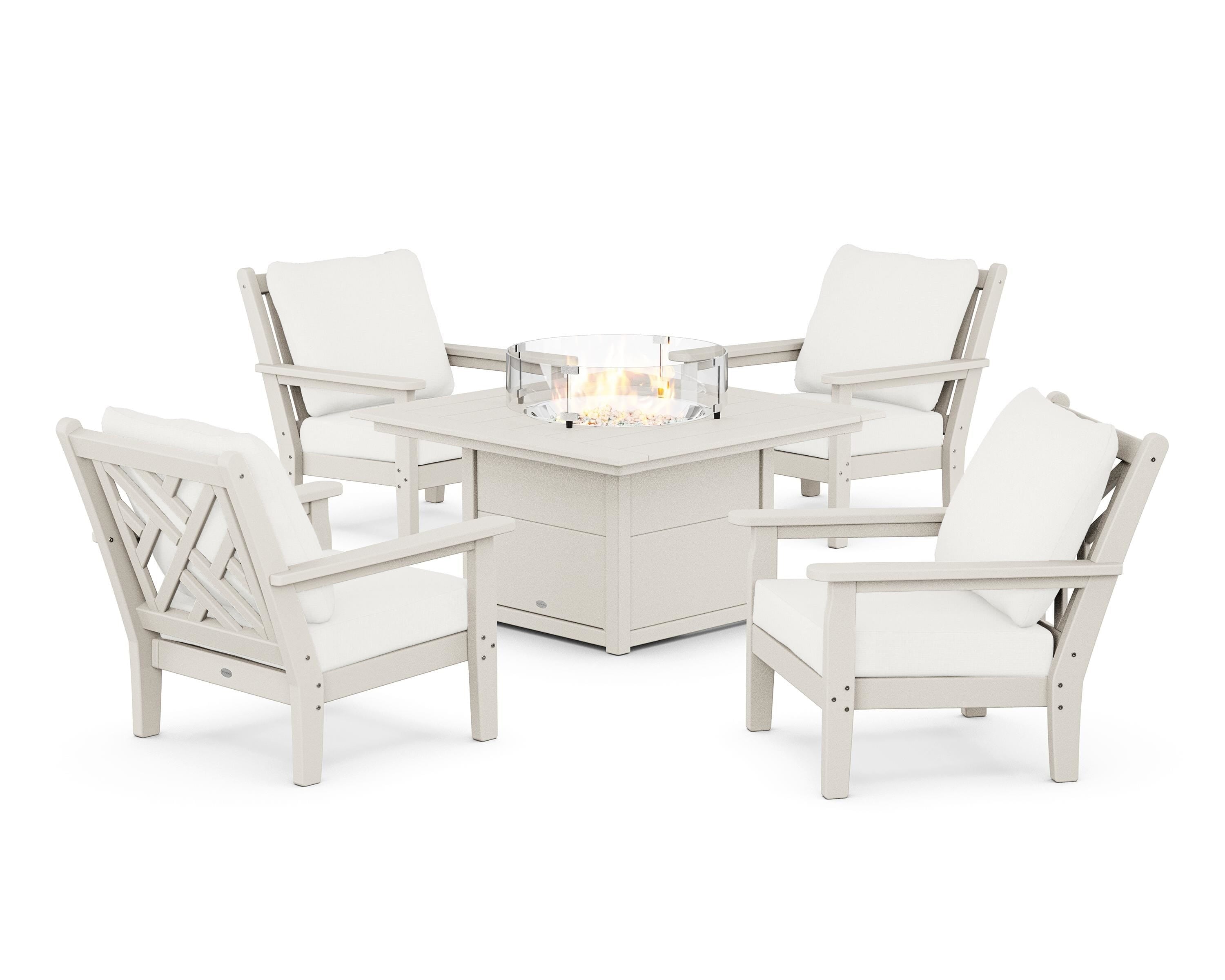 POLYWOOD® Chippendale 5-Piece Deep Seating Set with Fire Pit Table in Sand / Natural Linen
