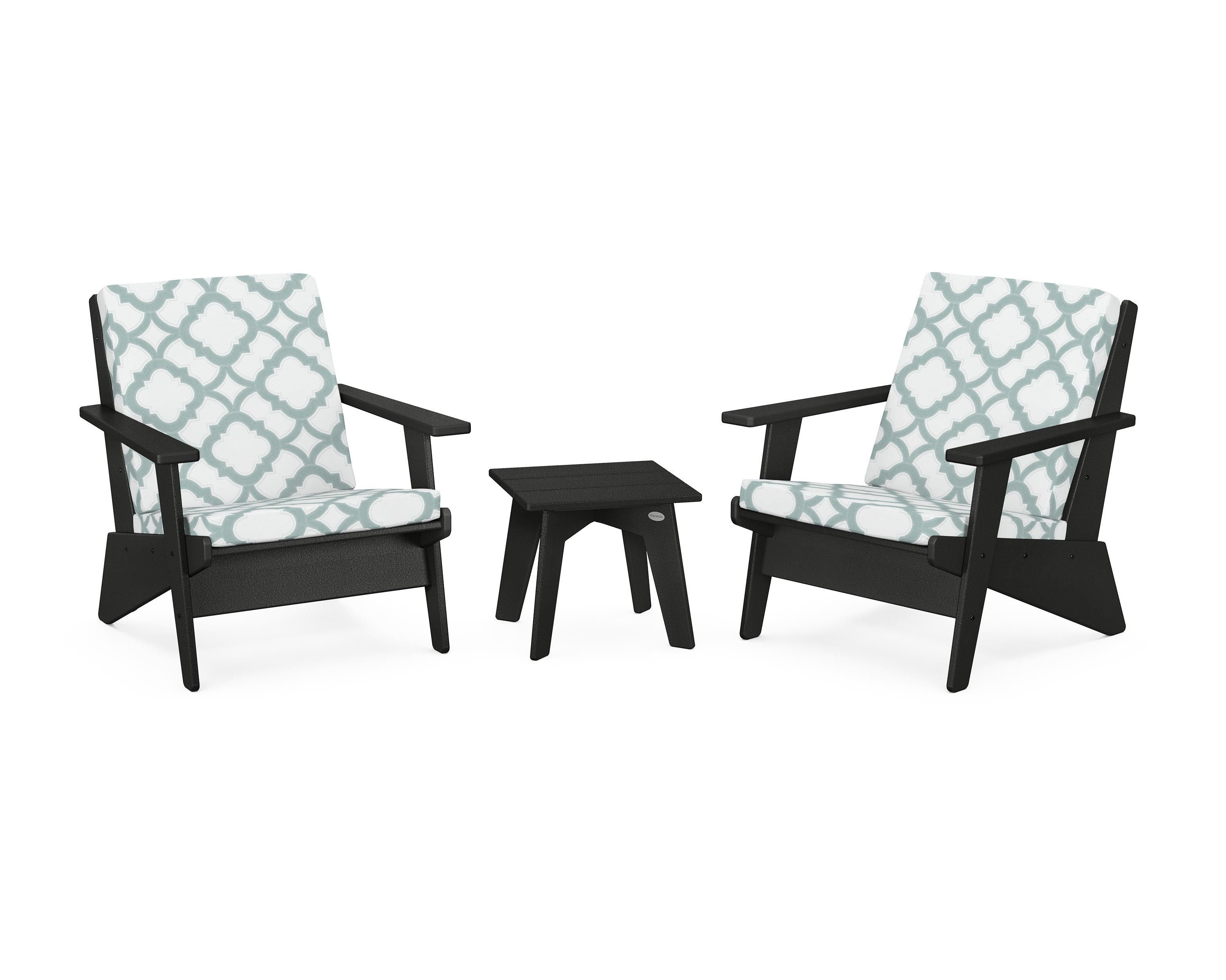 POLYWOOD® Riviera Modern Lounge 3-Piece Set in Black / Trellis Glacier Spa