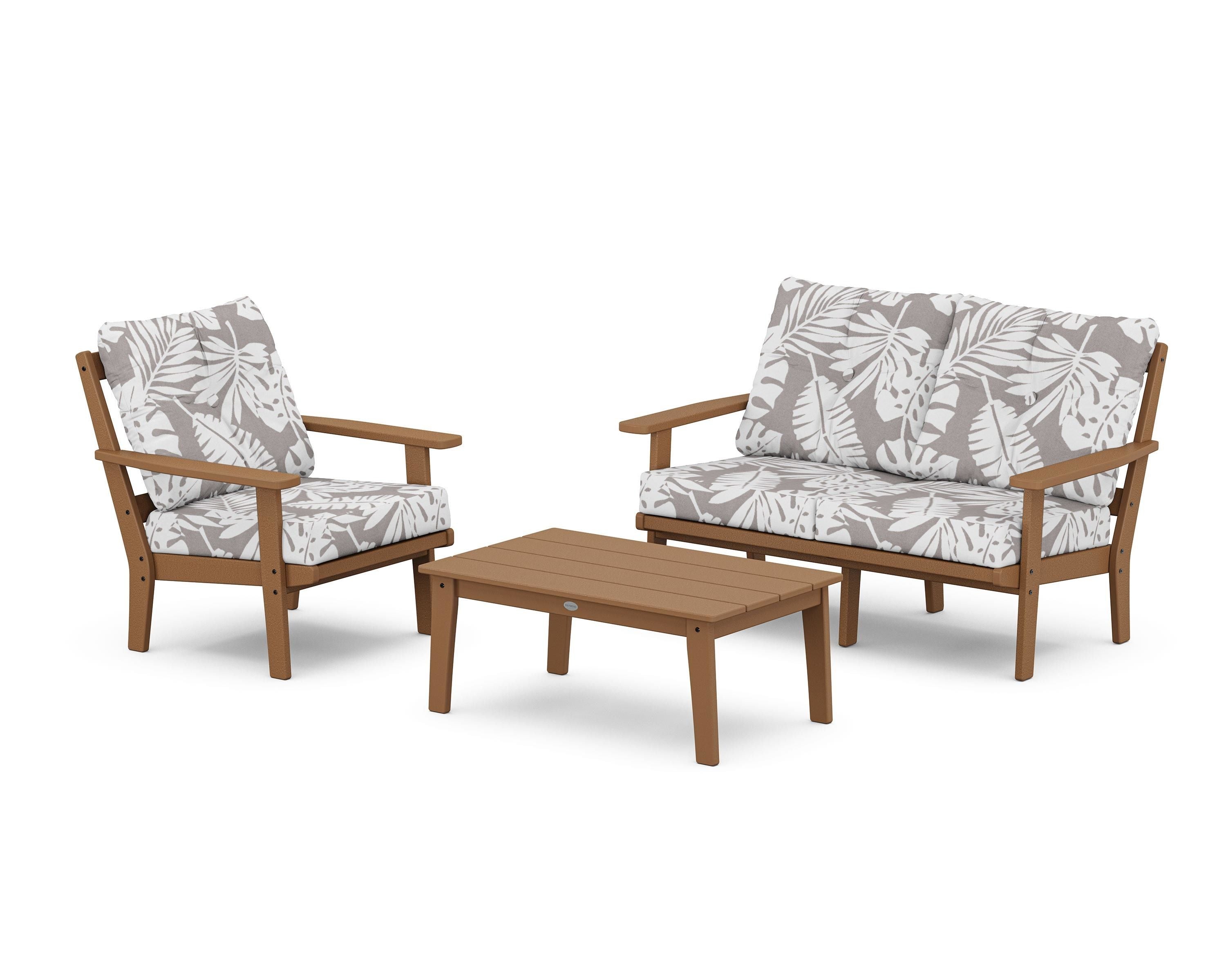 POLYWOOD® Oxford 3-Piece Deep Seating Set with Loveseat in Teak / Leaf Grey Mist