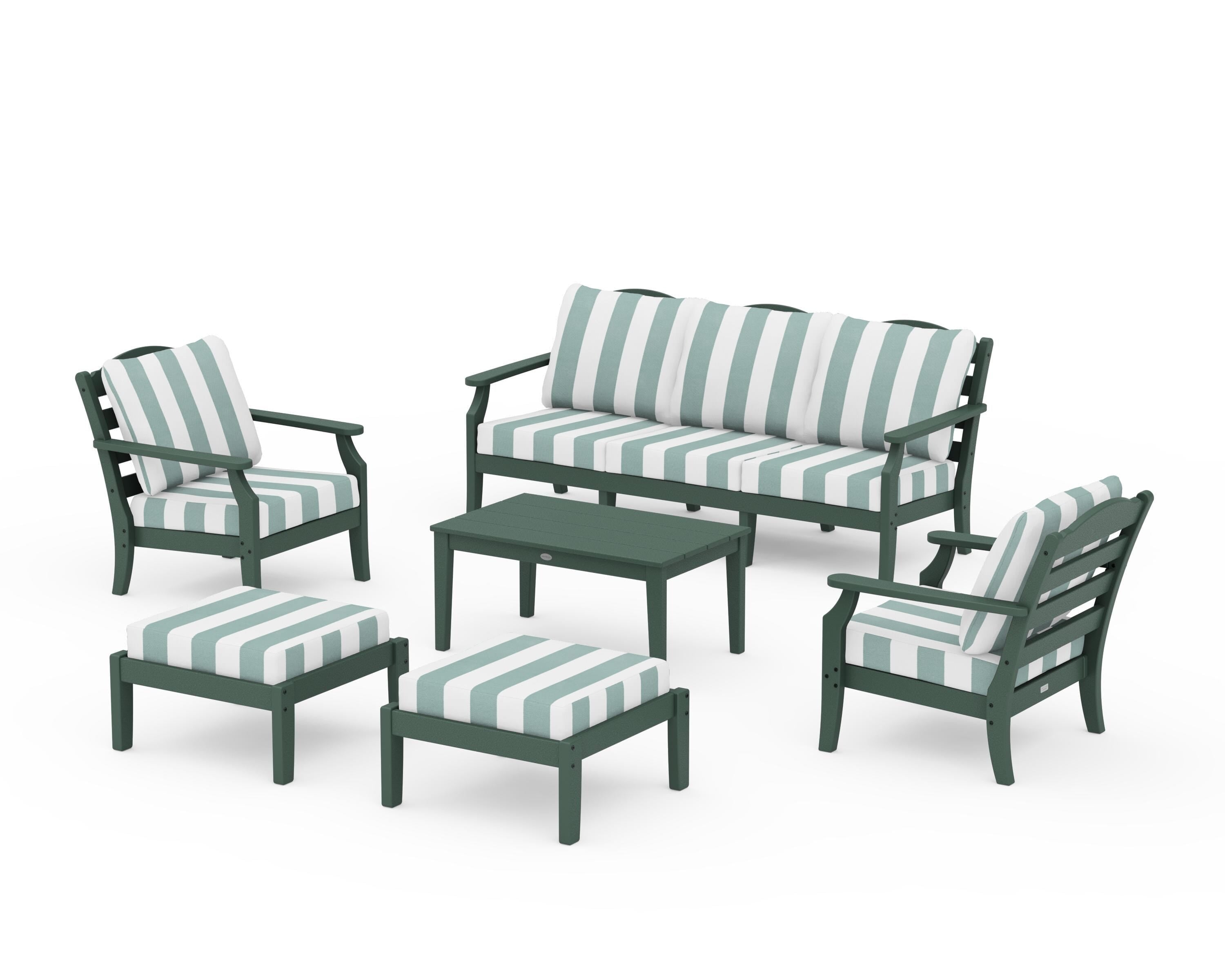 Draper James™ by POLYWOOD® Savannah 6-Piece Lounge Sofa Set in Green / Cabana Stripe Glacier Spa
