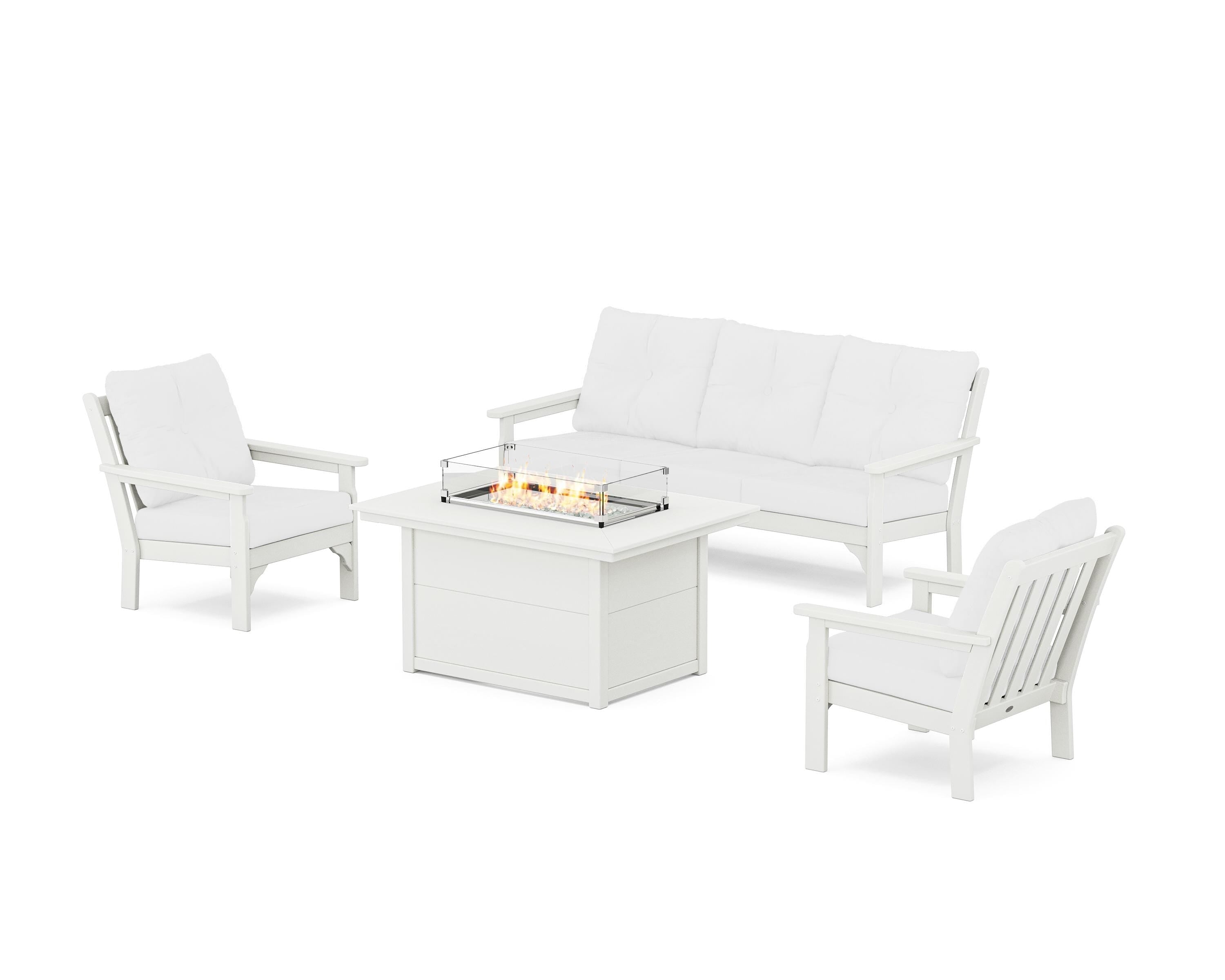 POLYWOOD® Vineyard Deep Seating Fire Pit Table Set in Vintage White / Natural
