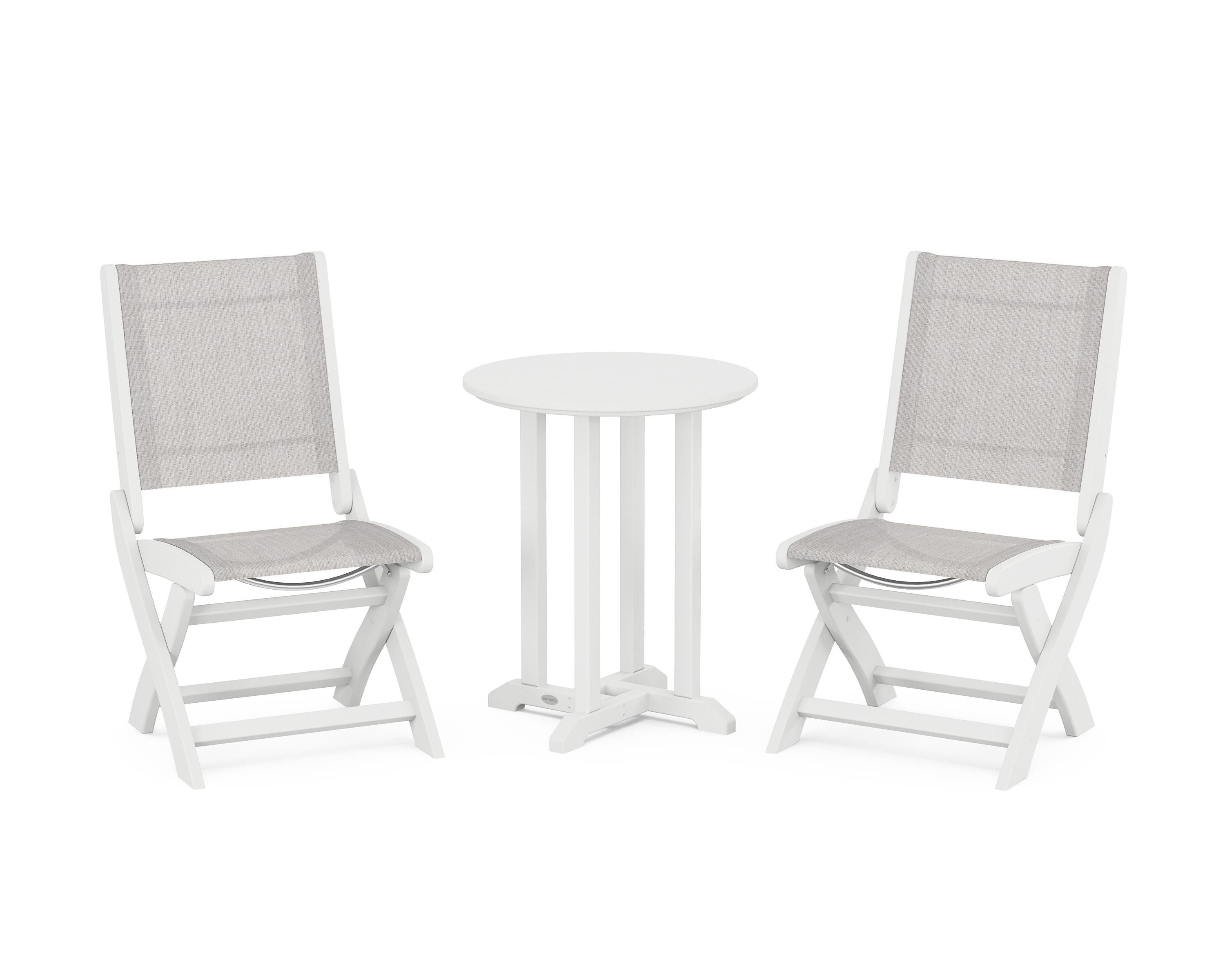 POLYWOOD® Coastal Folding Side Chair 3-Piece Round Bistro Dining Set in White / Parchment Sling