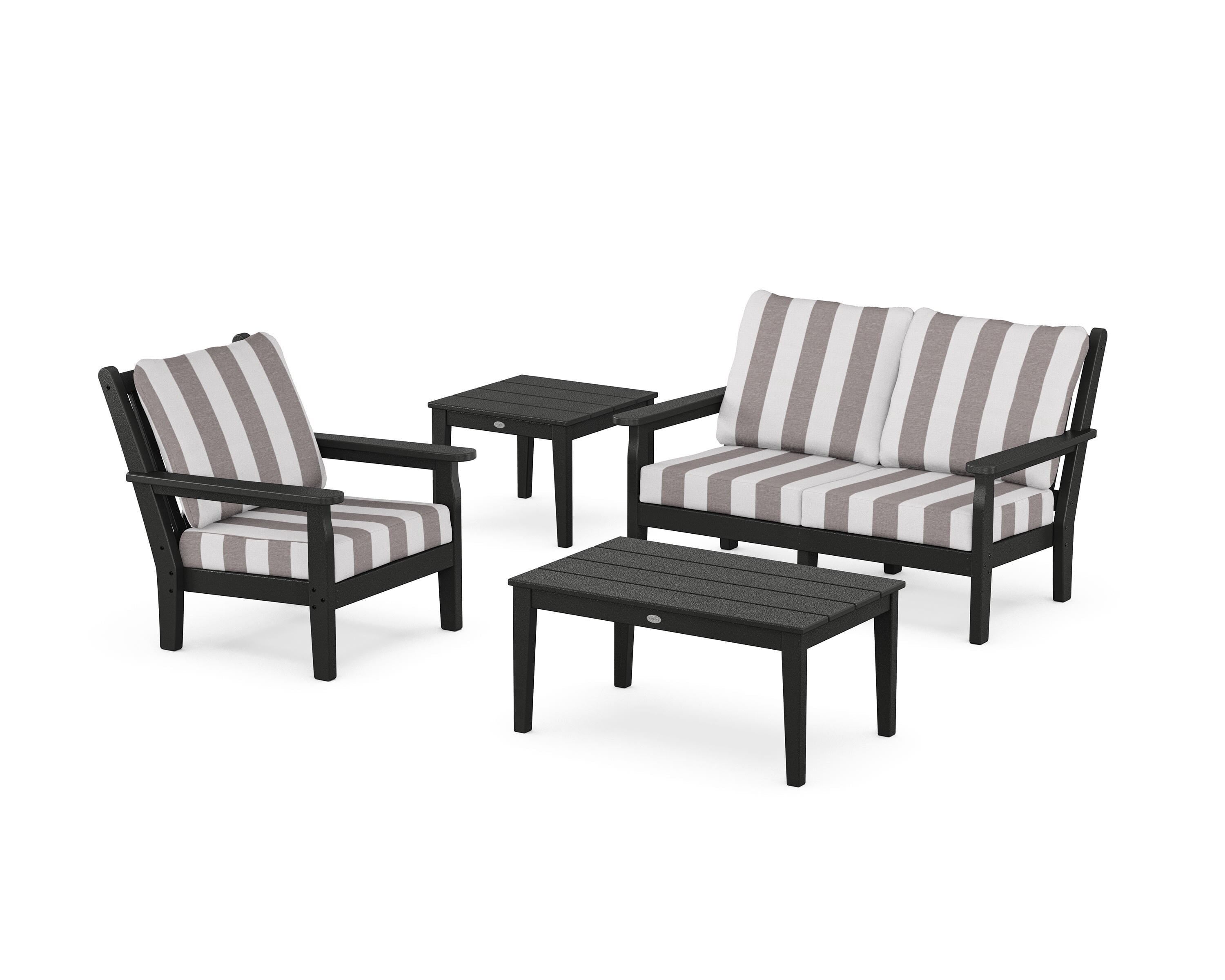 POLYWOOD® Chippendale 4-Piece Deep Seating Set in Black / Cabana Stripe Grey Mist