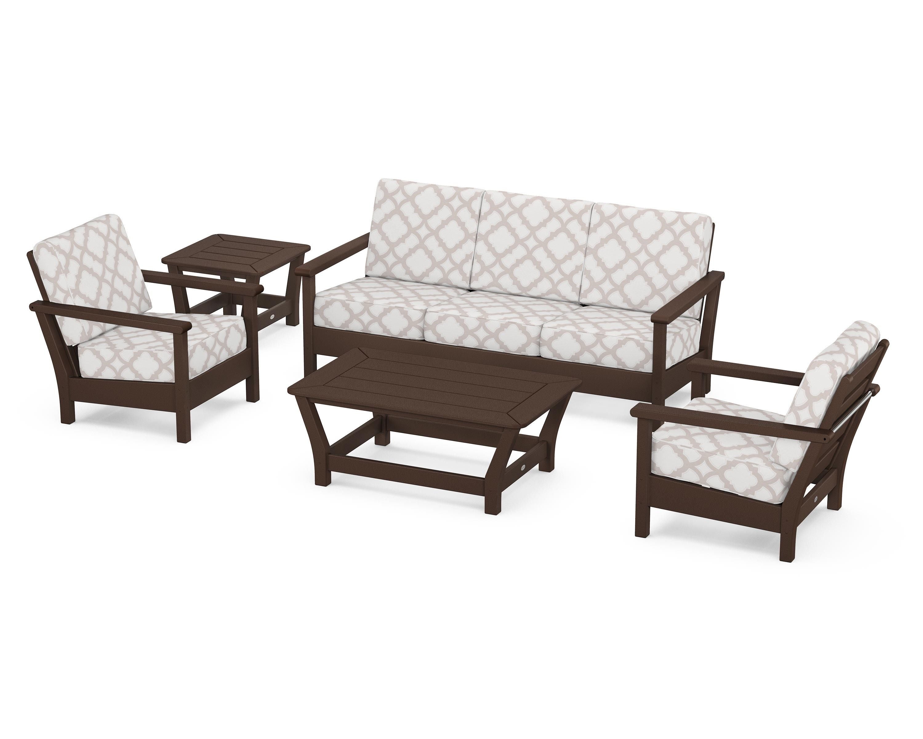 POLYWOOD® Harbour 5-Piece Deep Seating Set in Mahogany / Trellis Dune Burlap