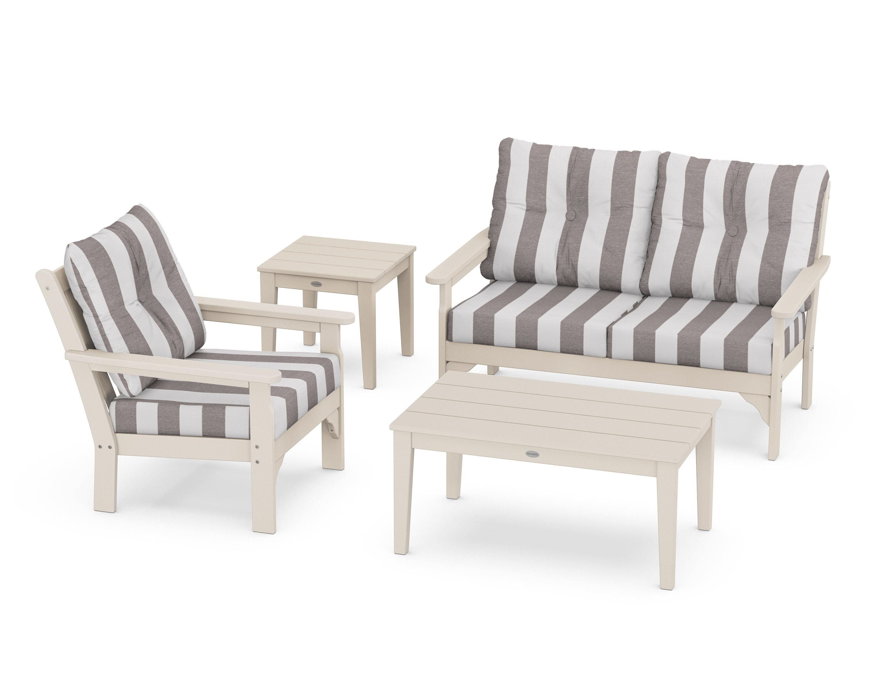 POLYWOOD® Vineyard 4-Piece Deep Seating Set in Sand / Cabana Stripe Grey Mist