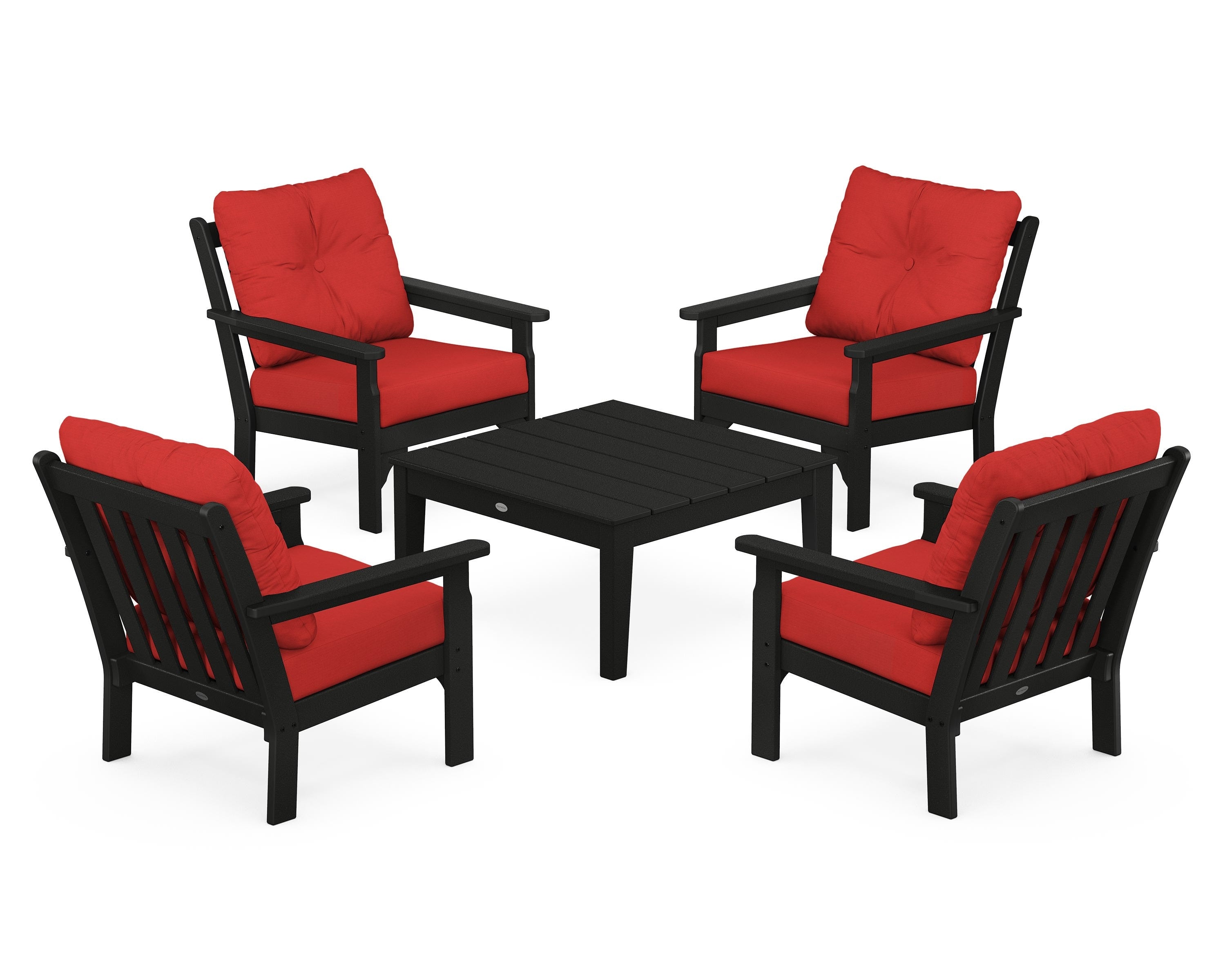 POLYWOOD® Vineyard 5-Piece Deep Seating Conversation Set in Black / Crimson Linen