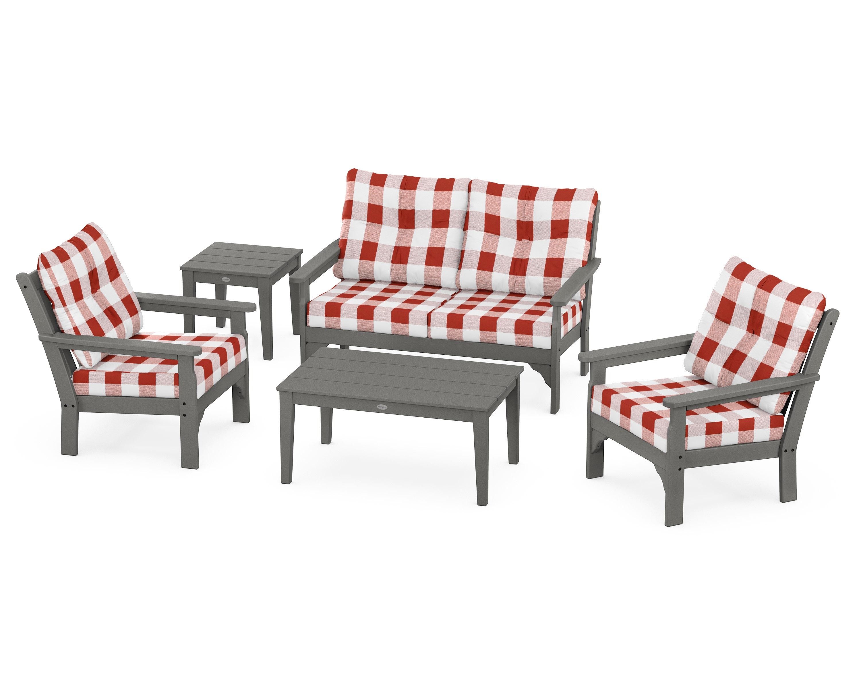 POLYWOOD® Vineyard 5-Piece Deep Seating Set in Slate Grey / Buffalo Plaid Crimson