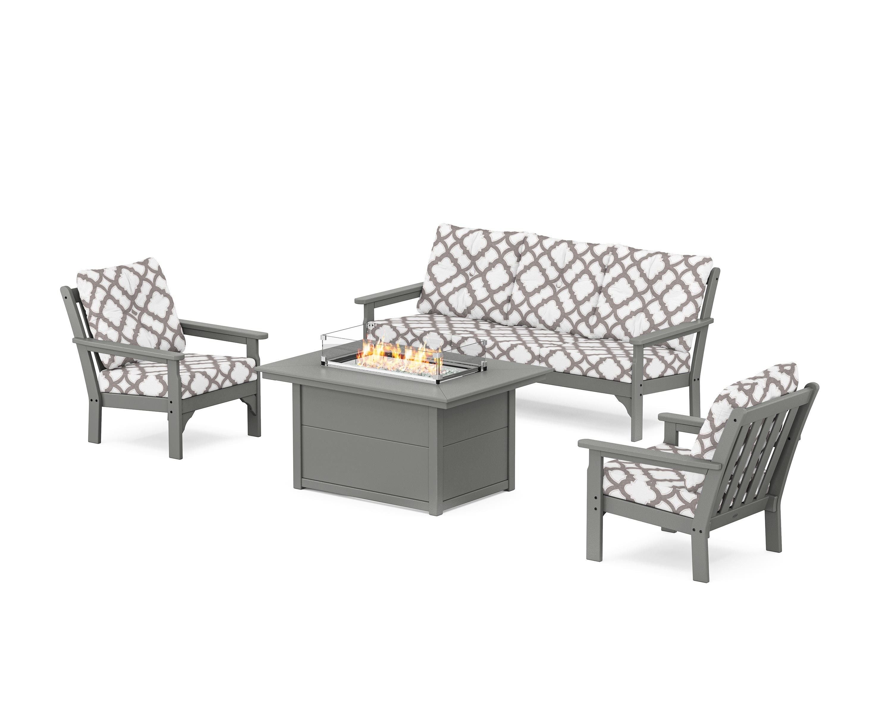 POLYWOOD® Vineyard Deep Seating Fire Pit Table Set in Slate Grey / Trellis Grey Mist