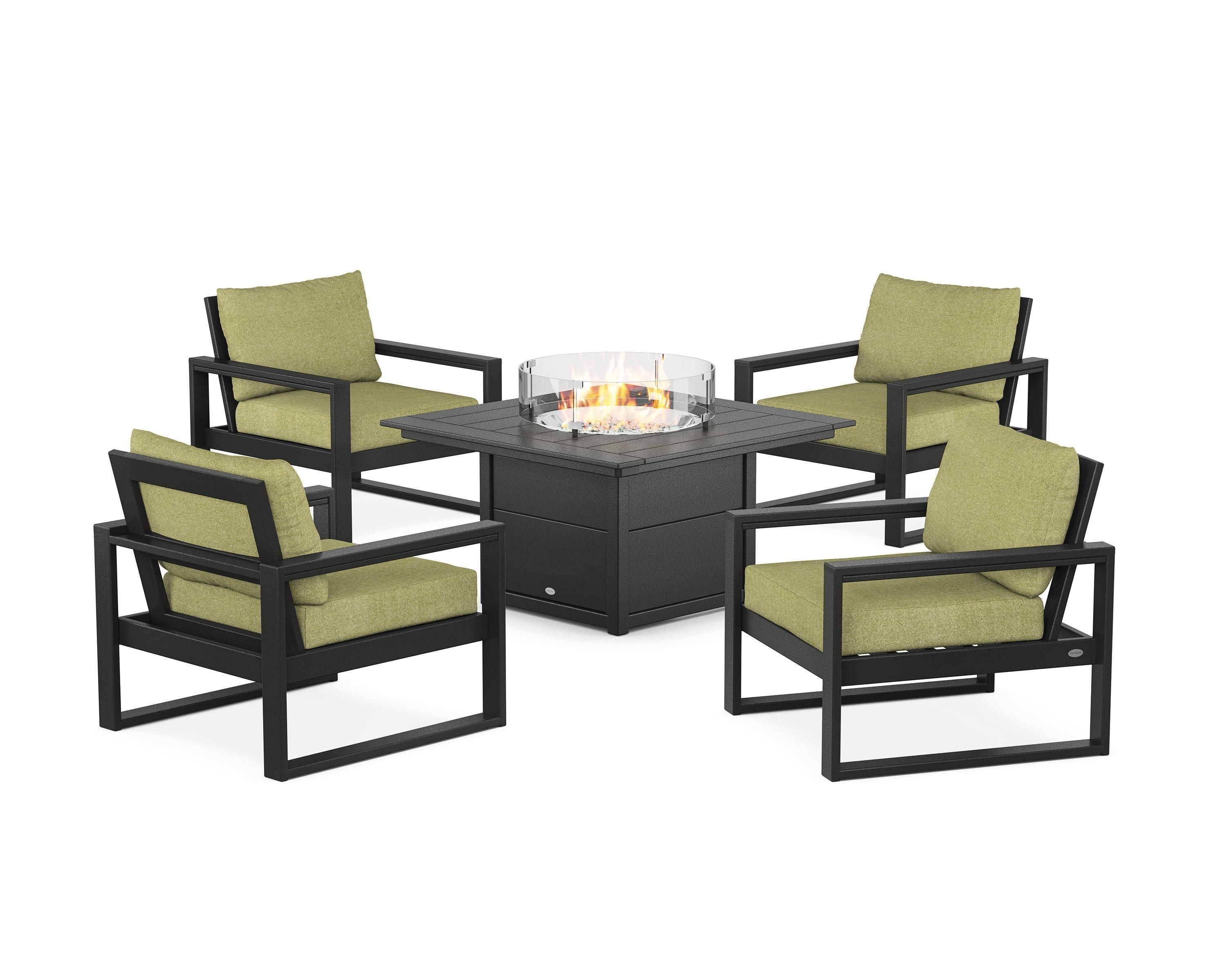 POLYWOOD® EDGE Sectional 5-Piece Deep Seating Set with Fire Pit Table in Black / Chartreuse Boucle