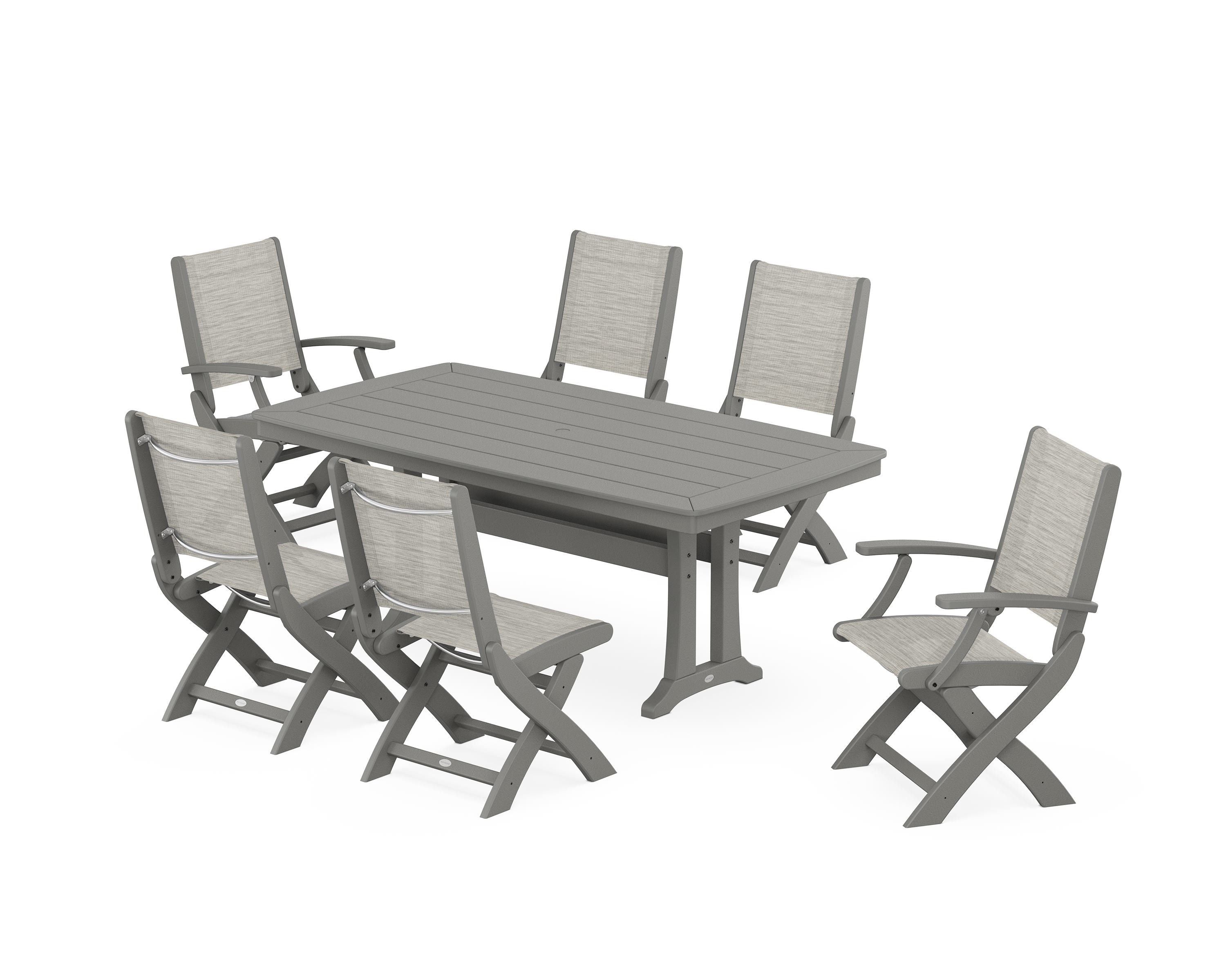 POLYWOOD® Coastal Folding Chair 7-Piece Dining Set with Trestle Legs in Slate Grey / Birch Sling