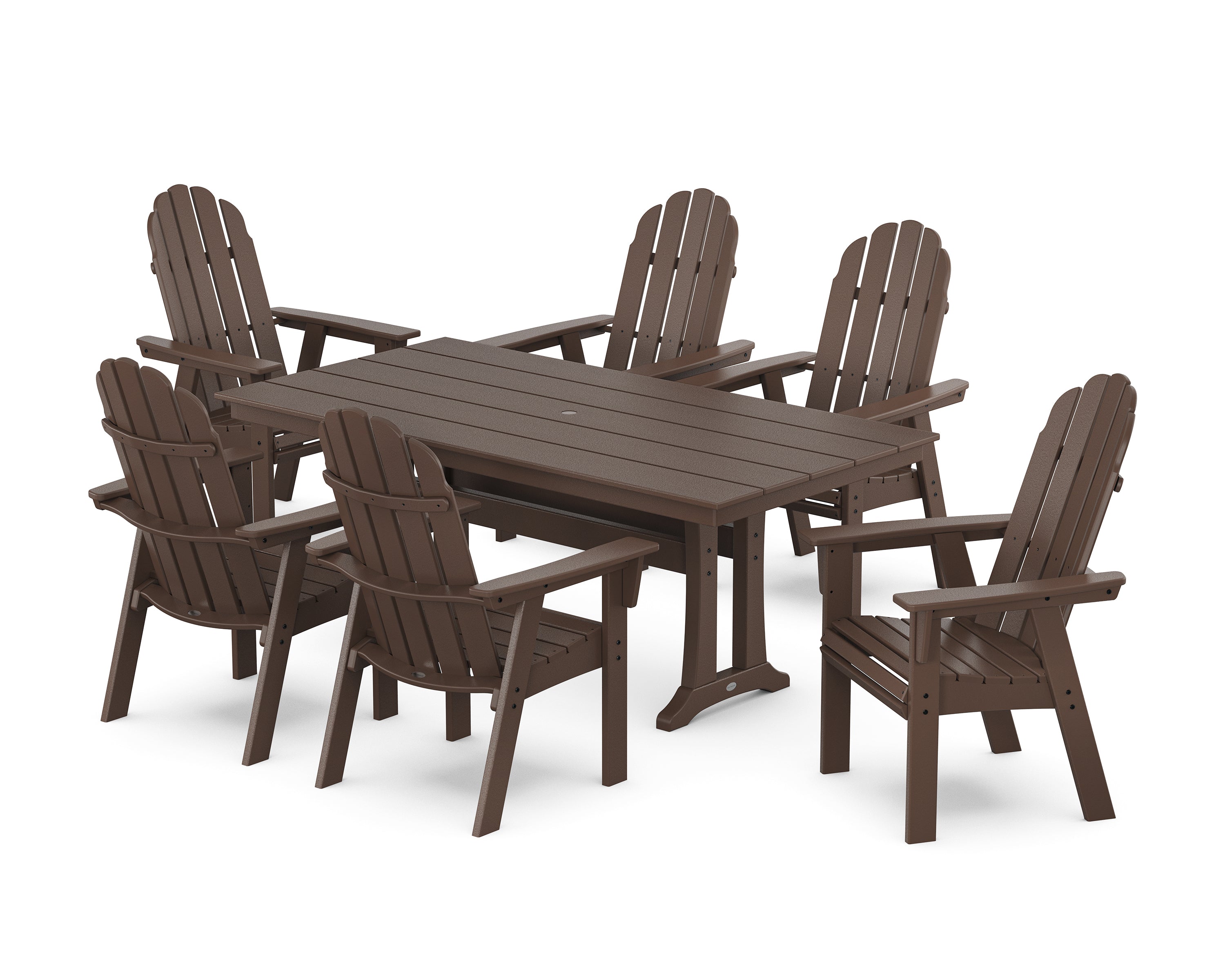 POLYWOOD® Vineyard Curveback Adirondack Chair 7-Piece Farmhouse Dining Set with Trestle Legs in Mahogany