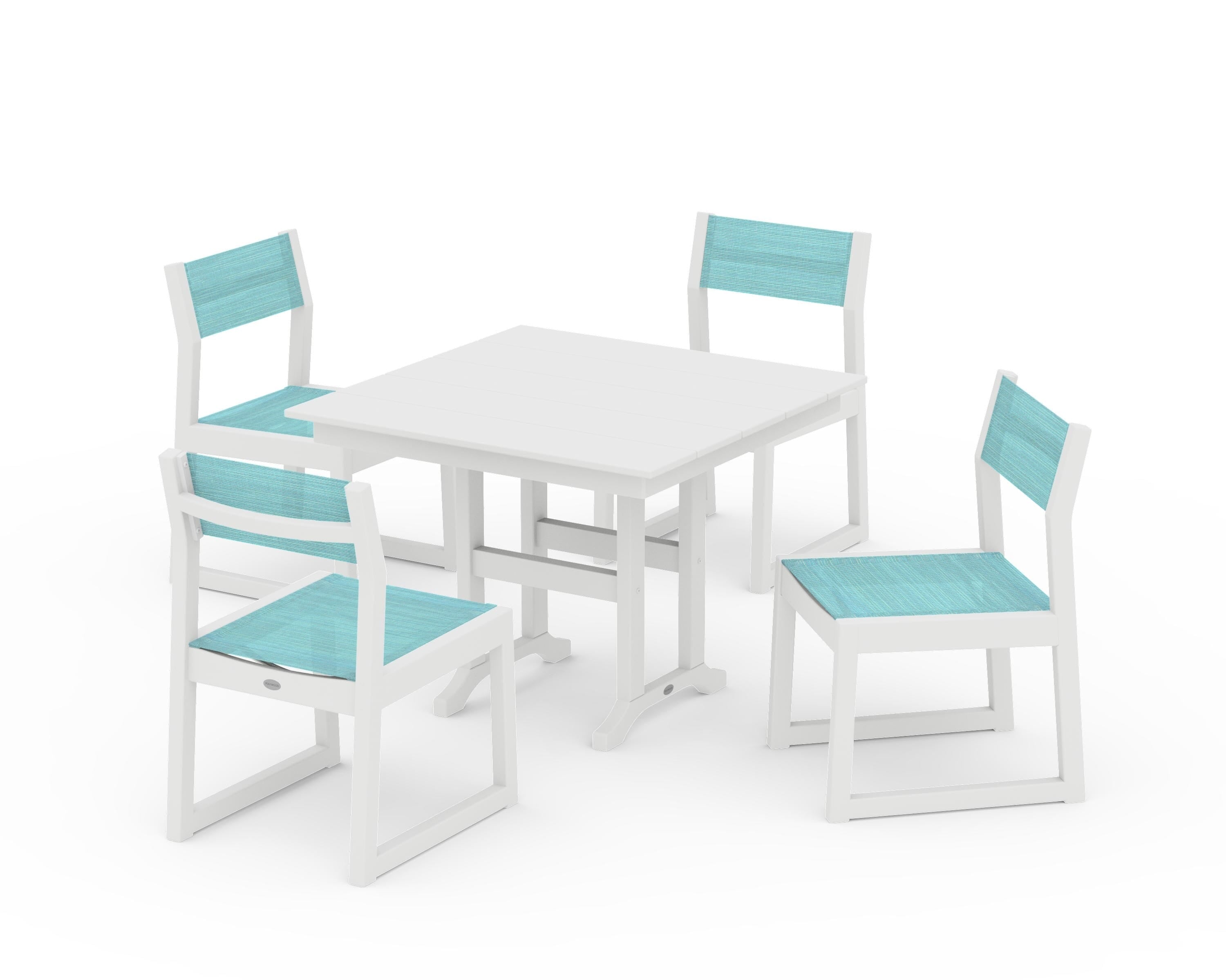POLYWOOD® EDGE Sling Side Chair 5-Piece Farmhouse Dining Set in White / Dupioni Aquamarine Sling