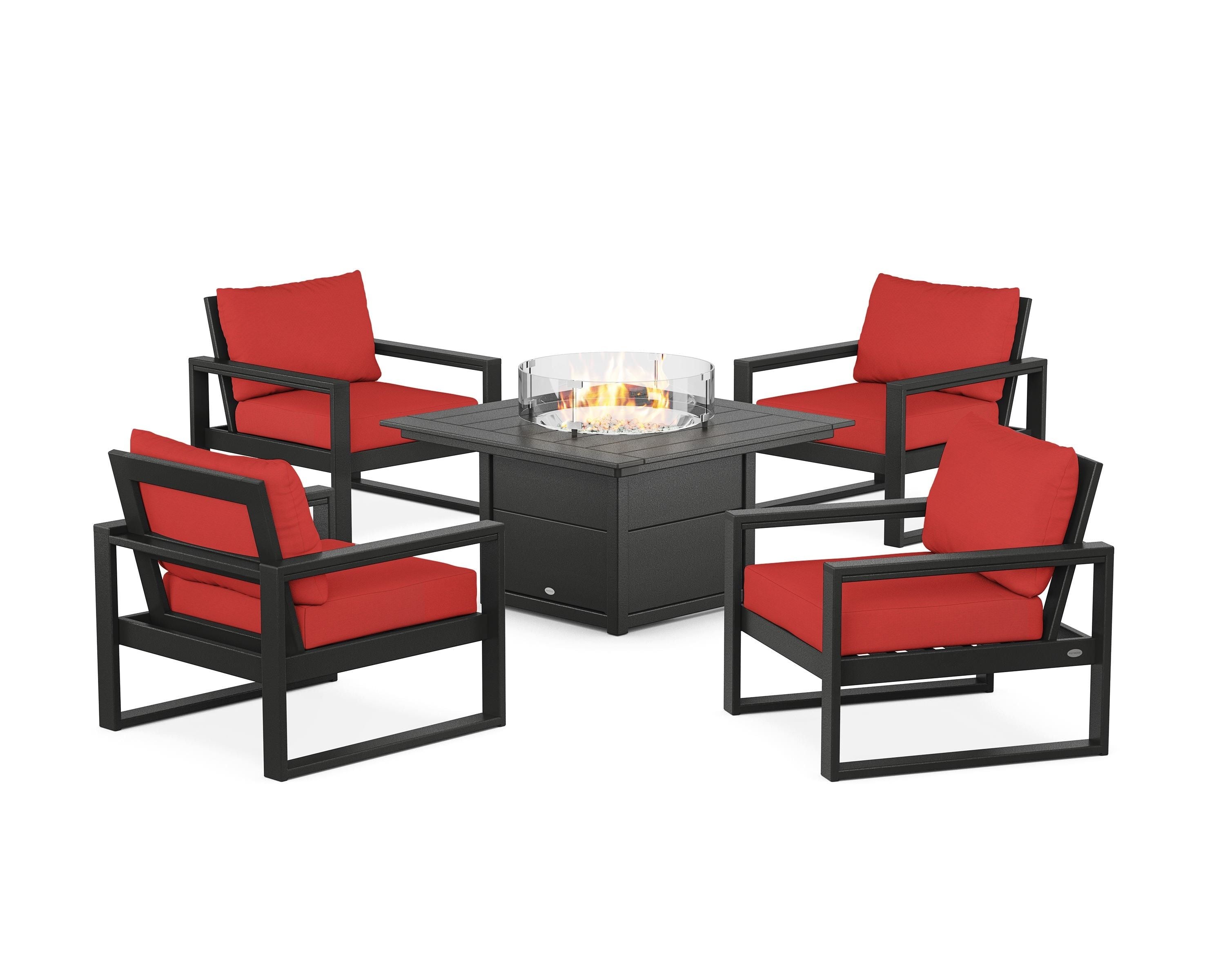 POLYWOOD® EDGE Sectional 5-Piece Deep Seating Set with Fire Pit Table in Black / Crimson Linen