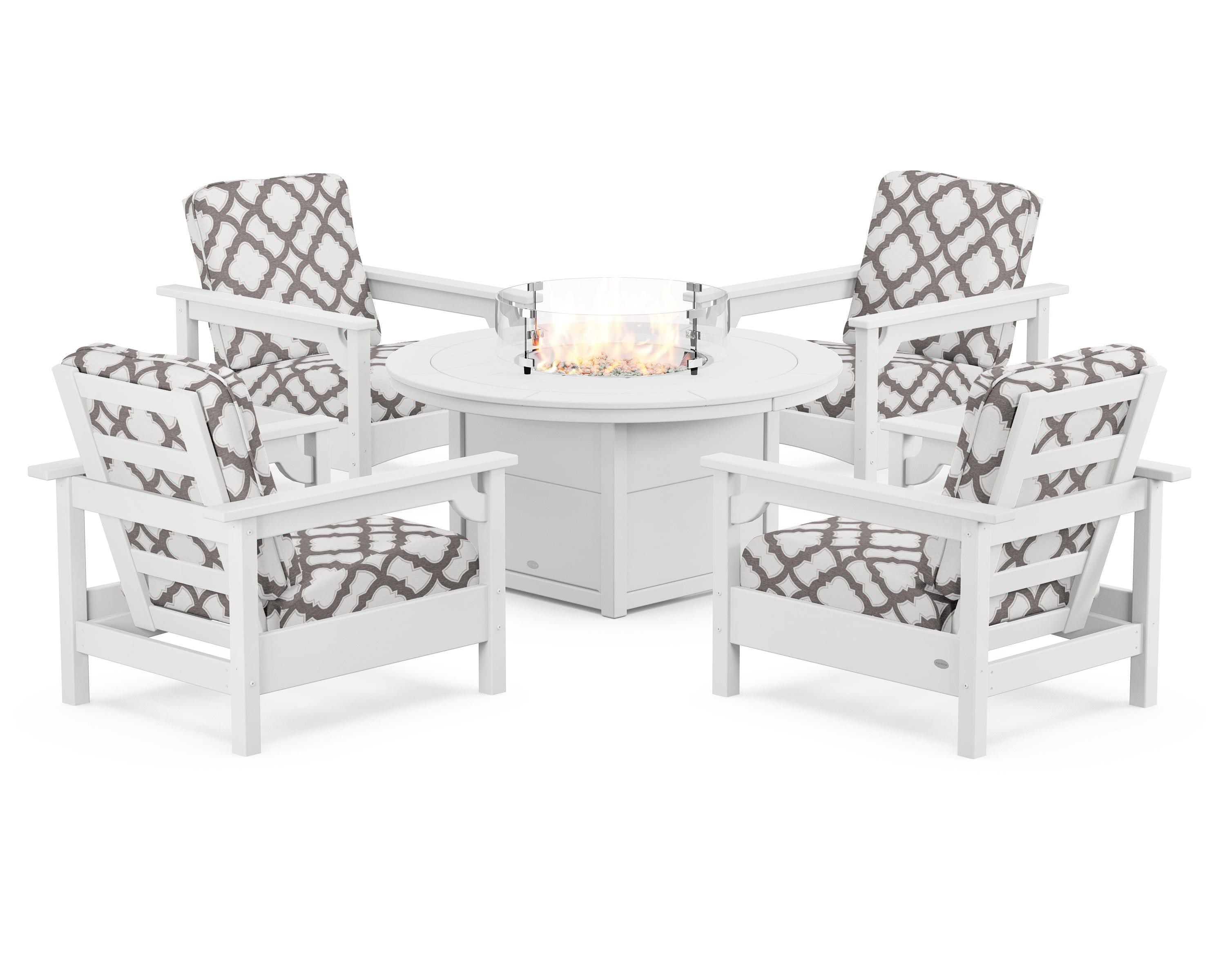 POLYWOOD® Club 5-Piece Conversation Set with Fire Pit Table in White / Trellis Grey Mist