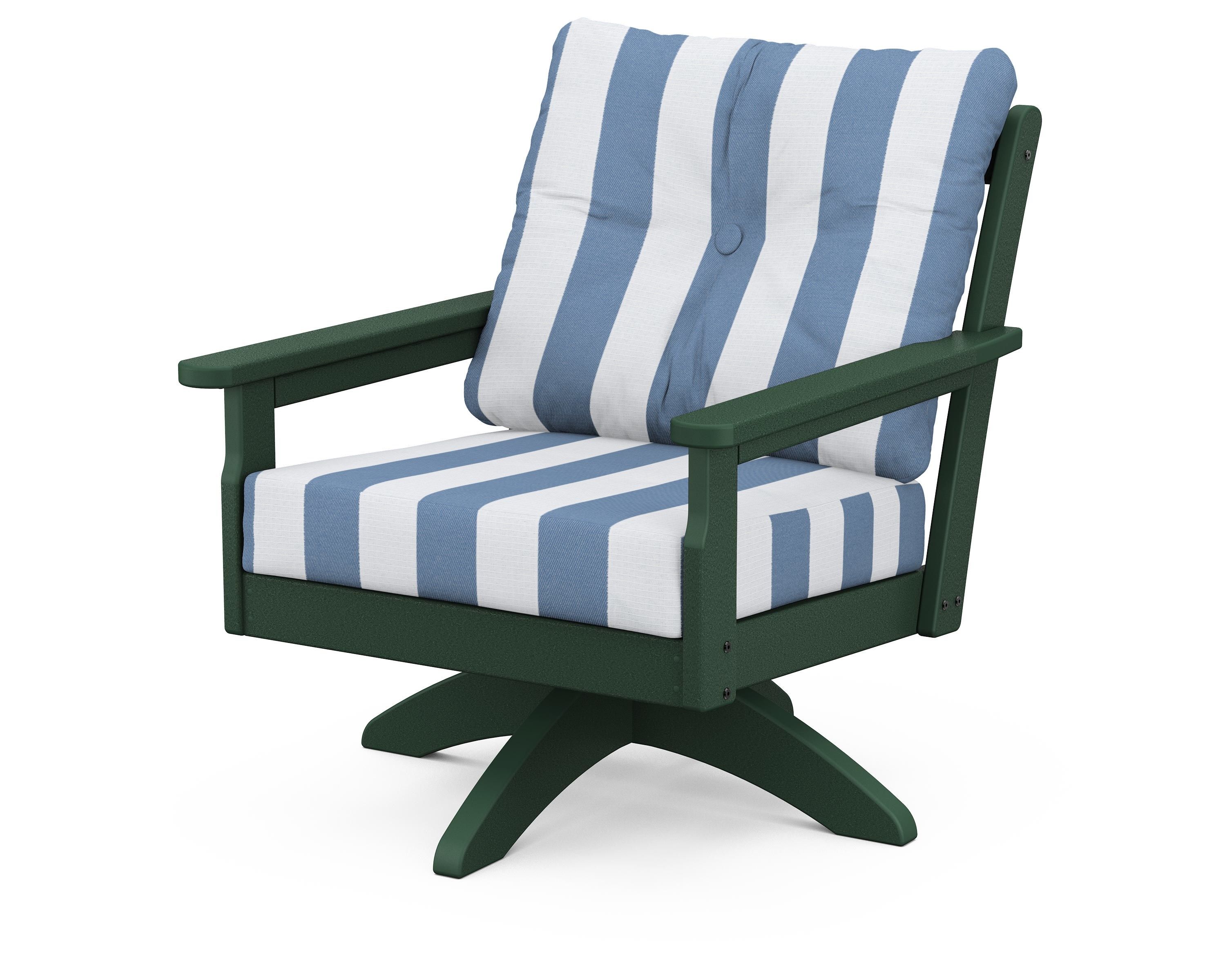 POLYWOOD® Vineyard Deep Seating Swivel Chair in Green / Cabana Stripe Sky Blue