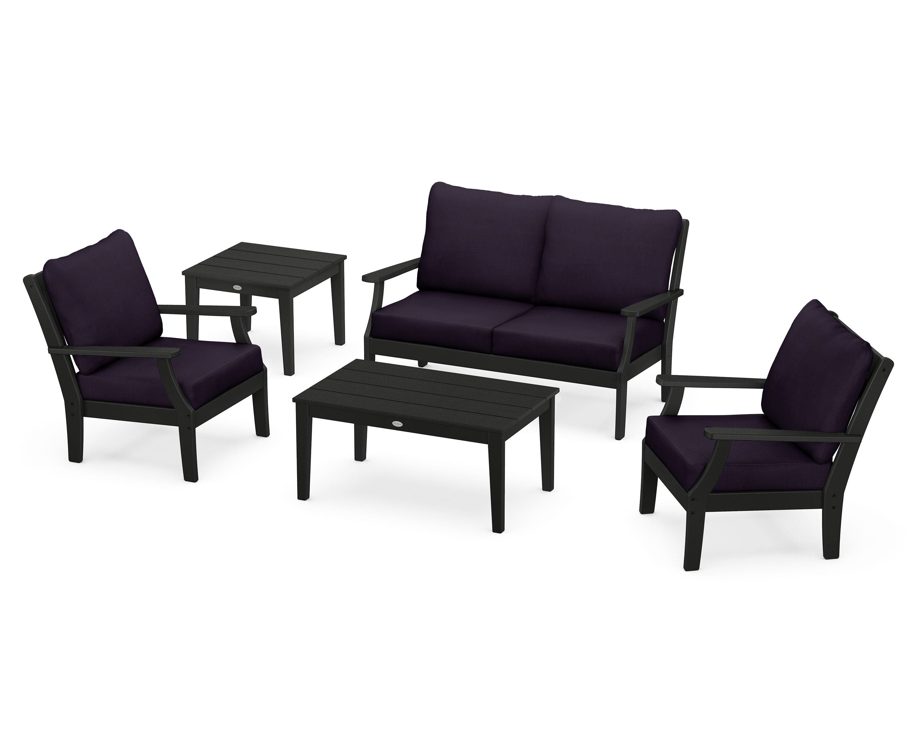 POLYWOOD® Braxton 5-Piece Deep Seating Set in Black / Navy Linen