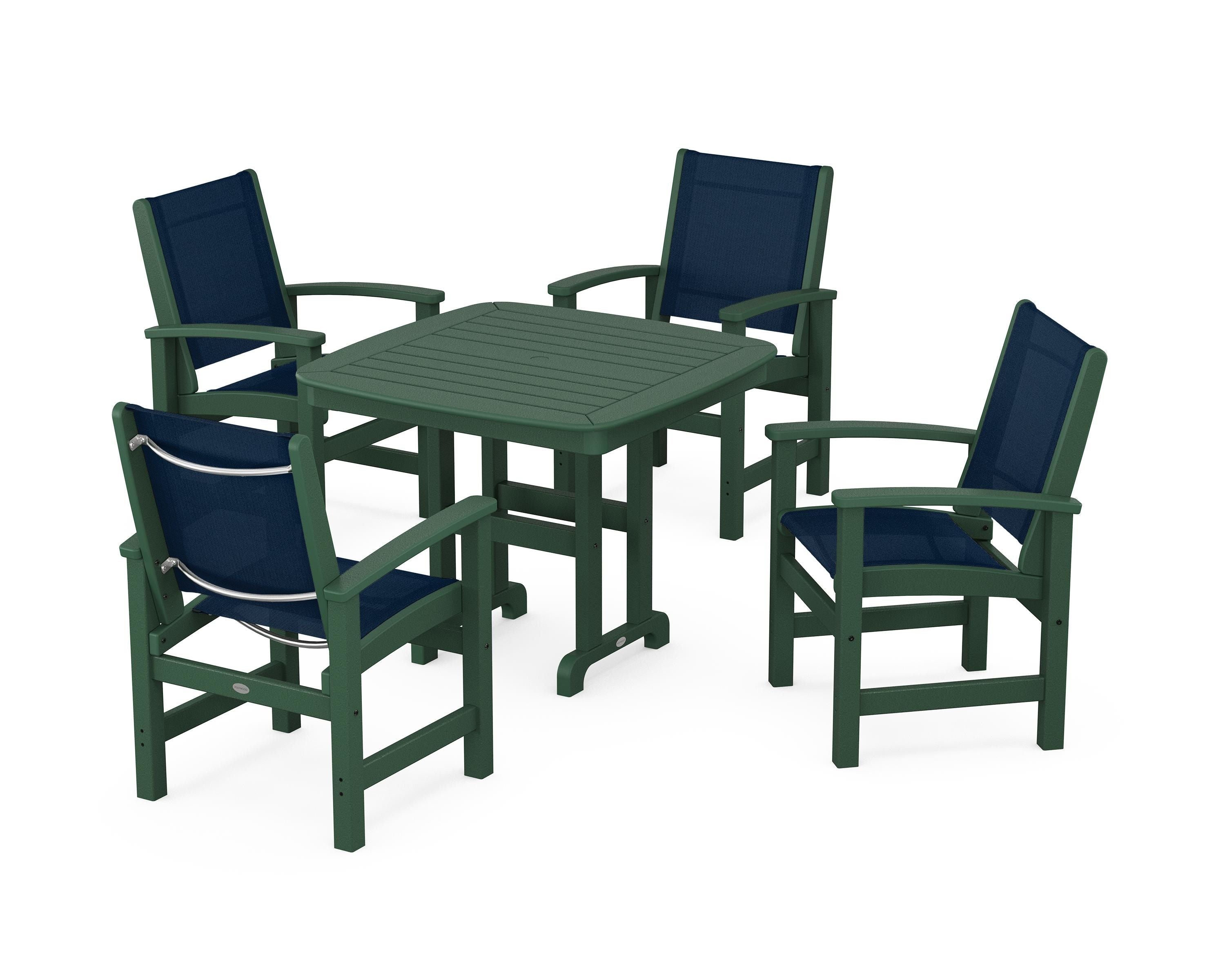 POLYWOOD® Coastal 5-Piece Dining Set in Green / Navy Blue Sling