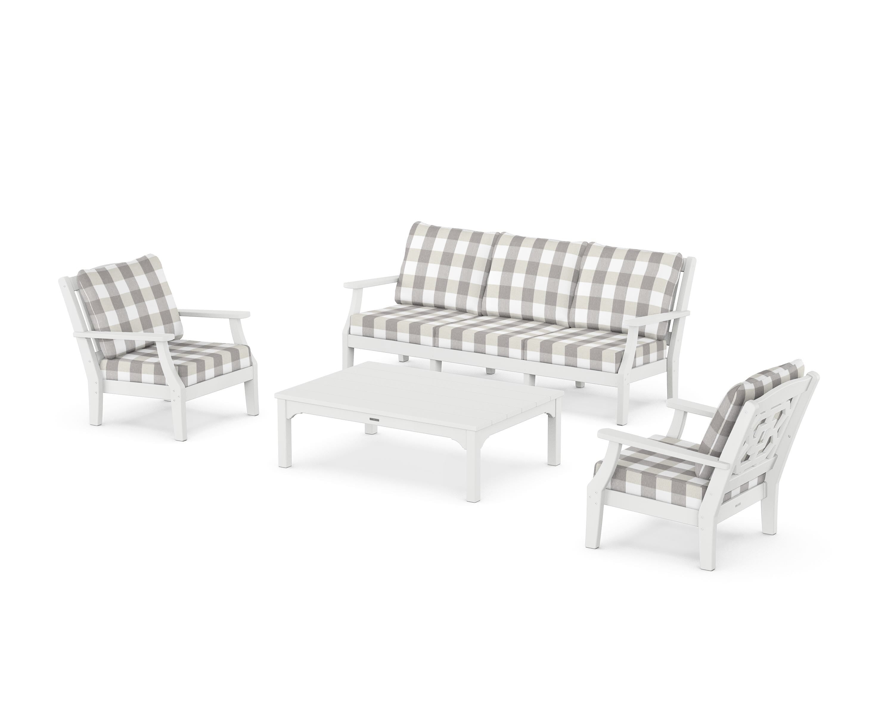 Martha Stewart by POLYWOOD® Chinoiserie 4-Piece Deep Seating Set with Sofa in White / Buffalo Plaid Grey Mist