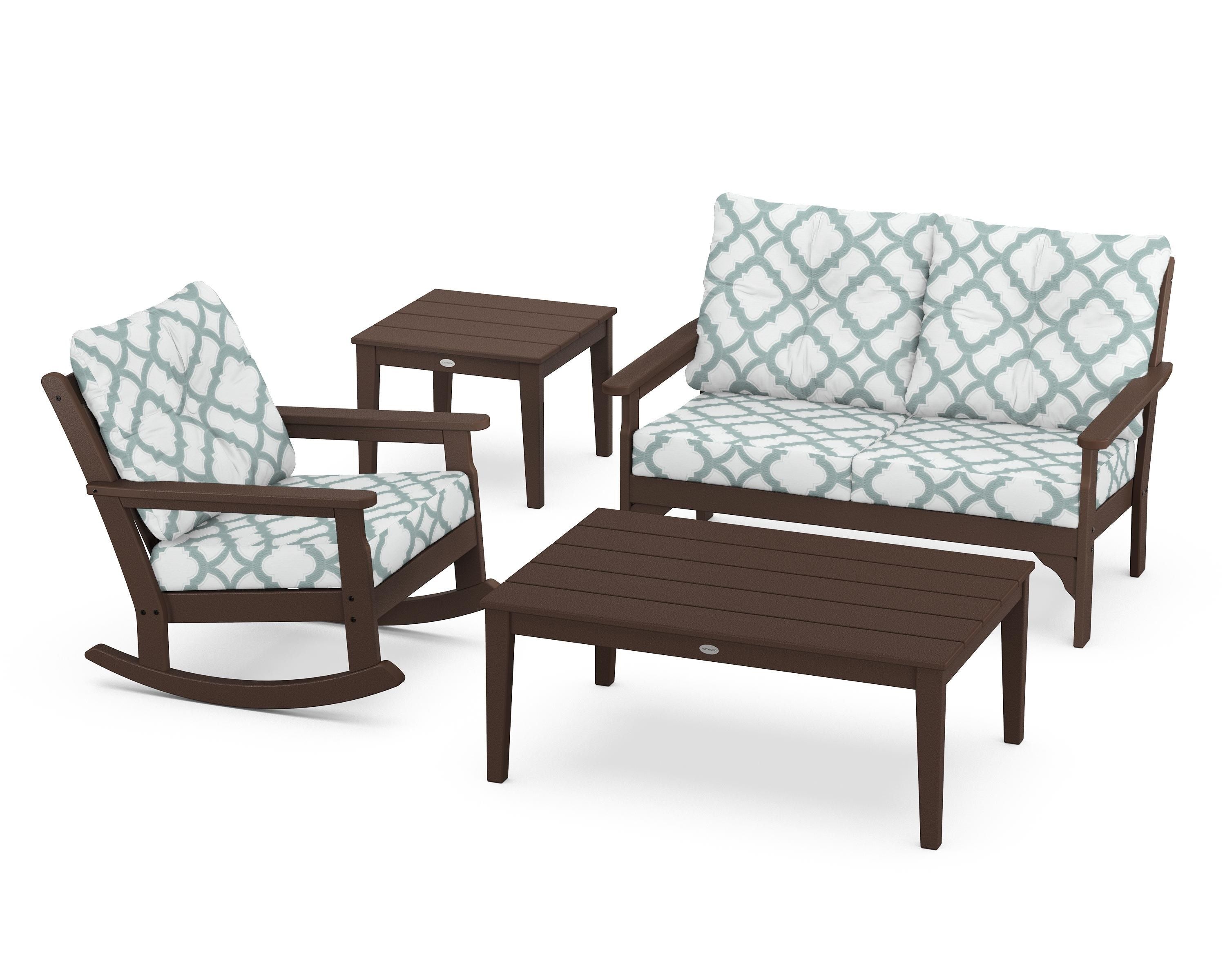 POLYWOOD® Vineyard 4-Piece Deep Seating Rocker Set in Mahogany / Trellis Glacier Spa