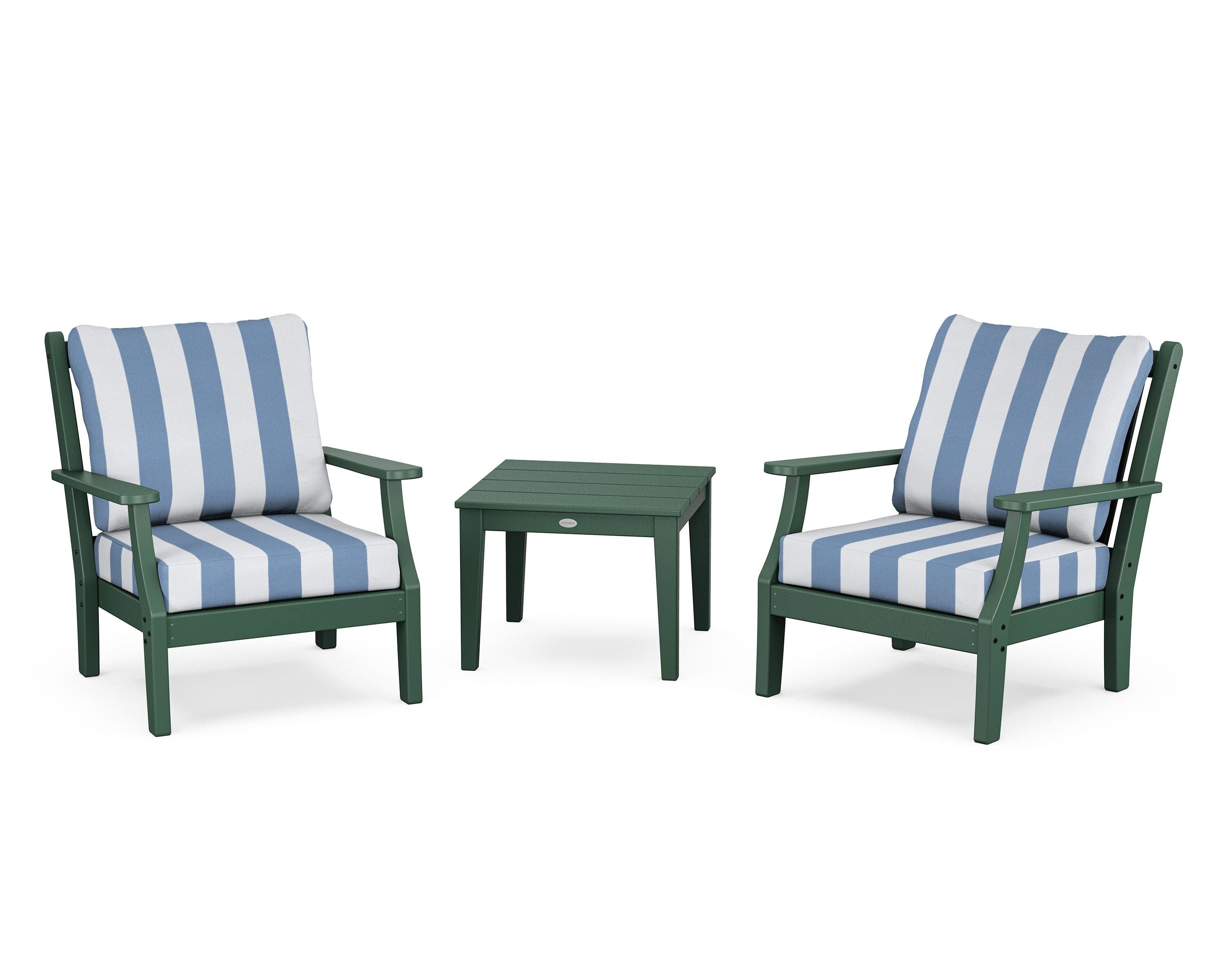 Country Living Wovendale 3-Piece Deep Seating Set in Green / Cabana Stripe Sky Blue