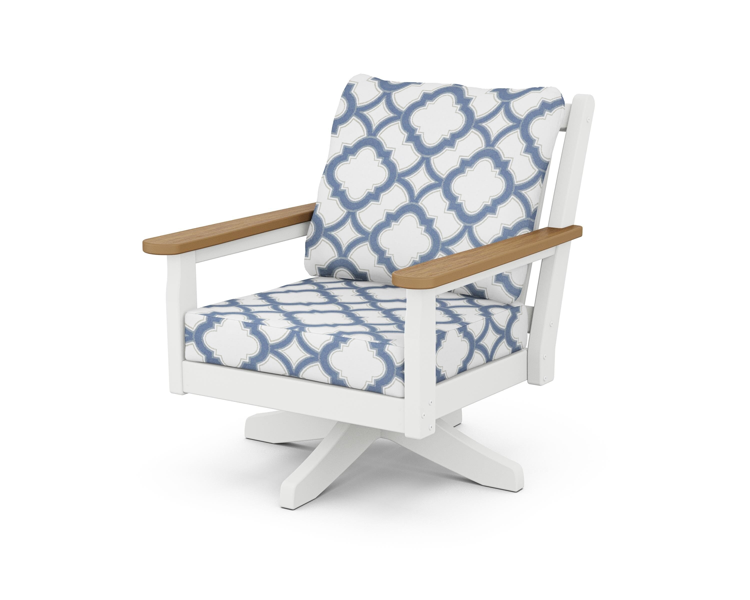 POLYWOOD® Chippendale Deep Seating Swivel Chair in White / Natural / Trellis Sky Blue