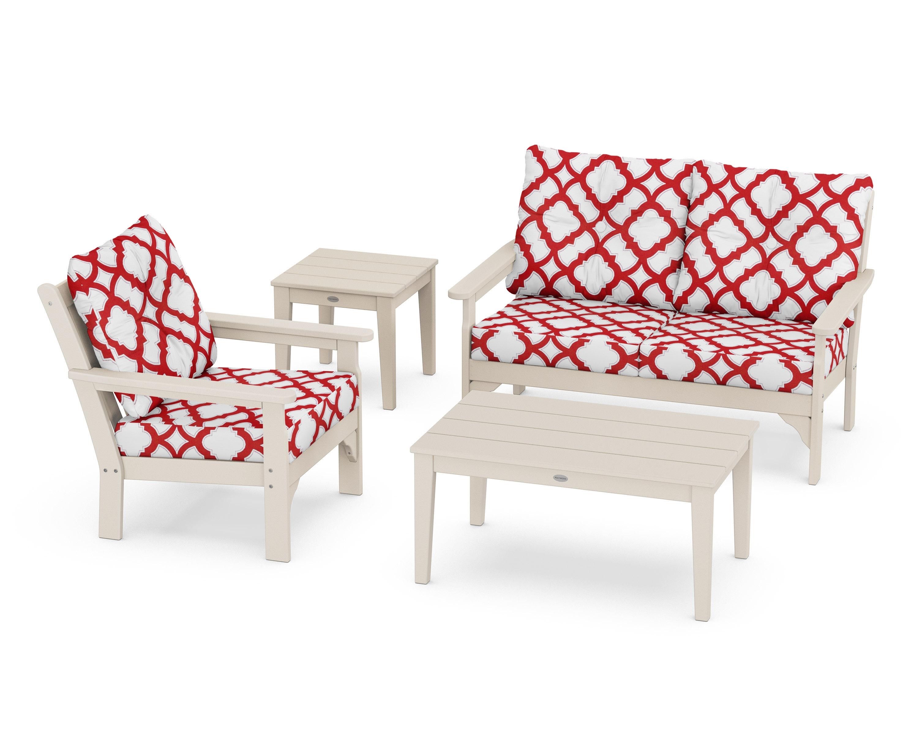 POLYWOOD® Vineyard 4-Piece Deep Seating Set in Sand / Trellis Crimson