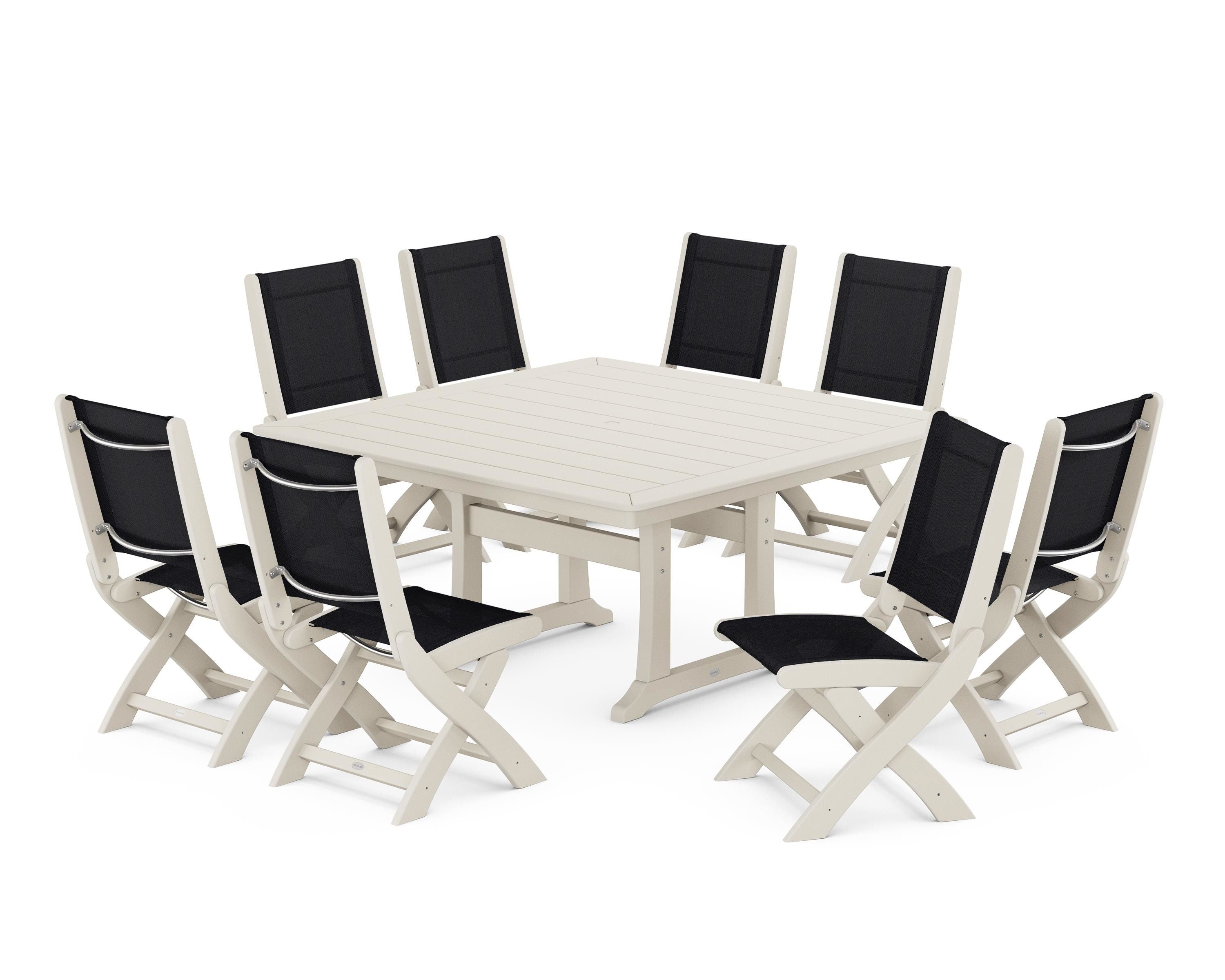 POLYWOOD® Coastal Folding Side Chair 9-Piece Dining Set with Trestle Legs in Sand / Black Sling